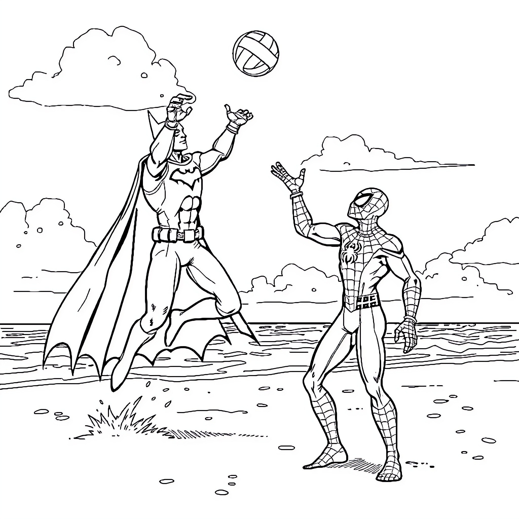Batman and Spiderman playing together on the beach Coloring Page (free black-and-white line drawing printable PDF for all, from beginners to advanced learners, including children, teens, adults, and seniors)