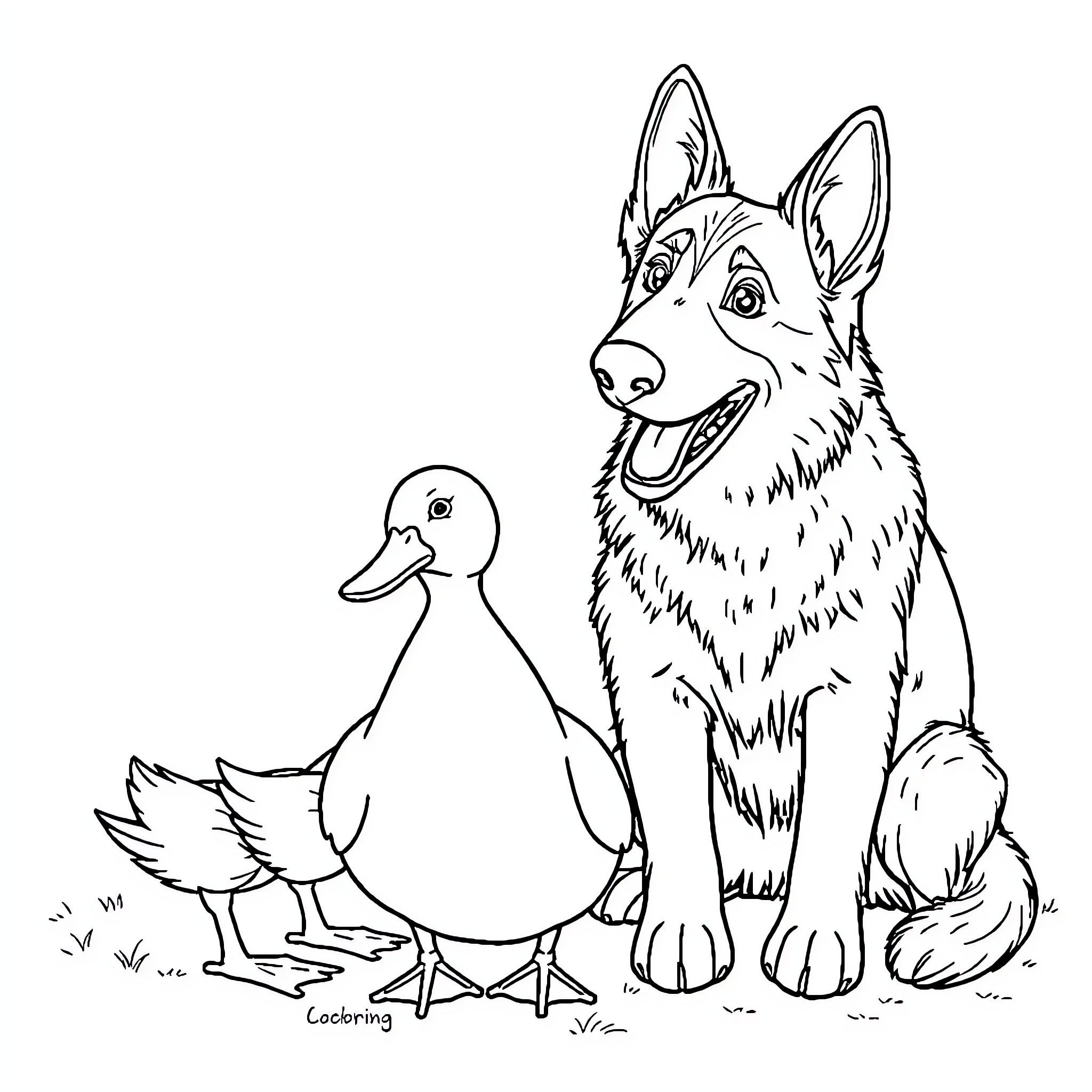 German Shepherd happily playing with a duckling Coloring Page (free black-and-white line drawing printable PDF for all, from beginners to advanced learners, including children, teens, adults, and seniors)