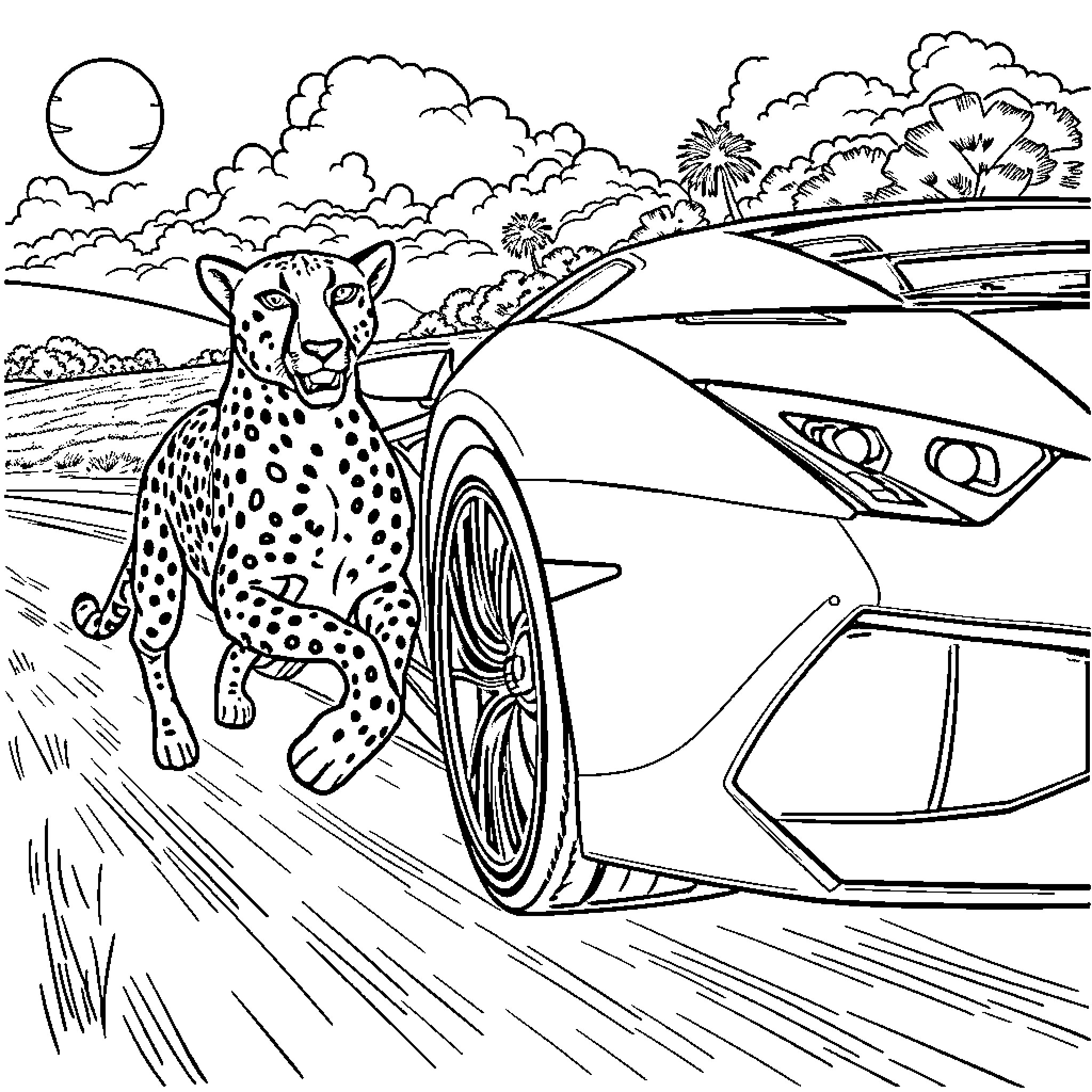 Cheetah racing alongside sleek sports car Coloring Page (free black-and-white line drawing printable PDF for all, from beginners to advanced learners, including children, teens, adults, and seniors)