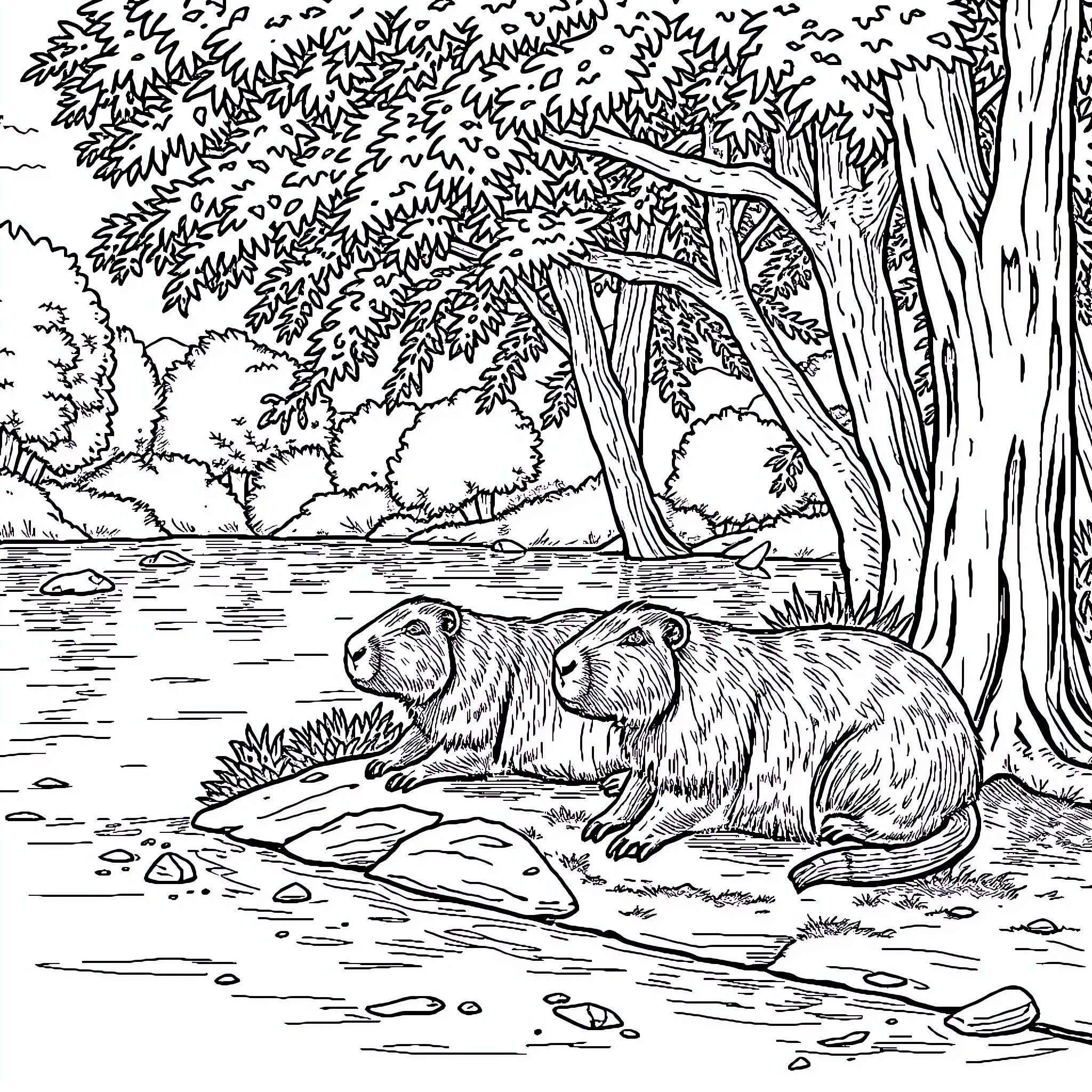 Capybara enjoying nature by the lake Coloring Page (free black-and-white line drawing printable PDF for all, from beginners to advanced learners, including children, teens, adults, and seniors)