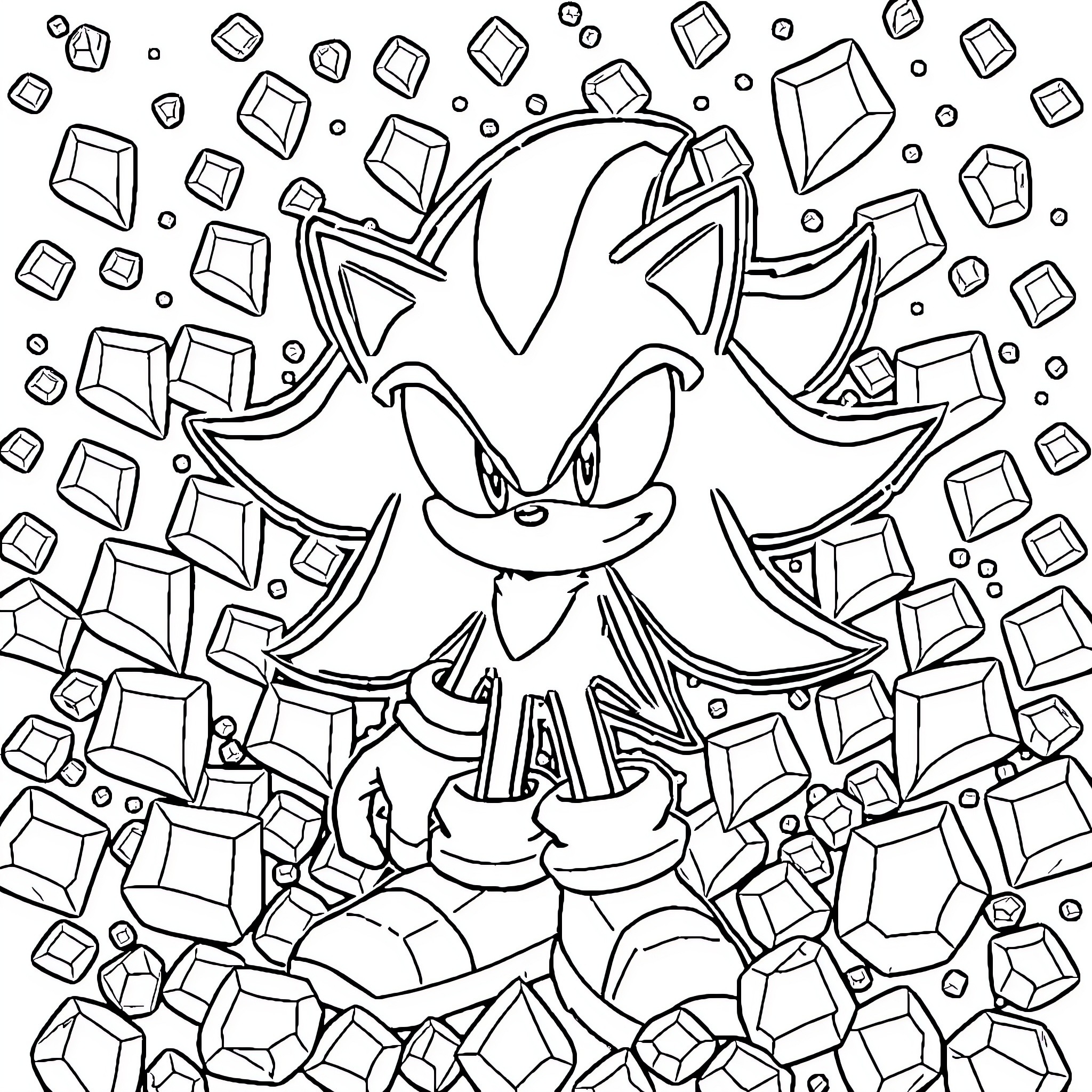 Sonic in Psychedelic Crystal Cavern Coloring Page (free black-and-white line drawing printable PDF for all, from beginners to advanced learners, including children, teens, adults, and seniors)