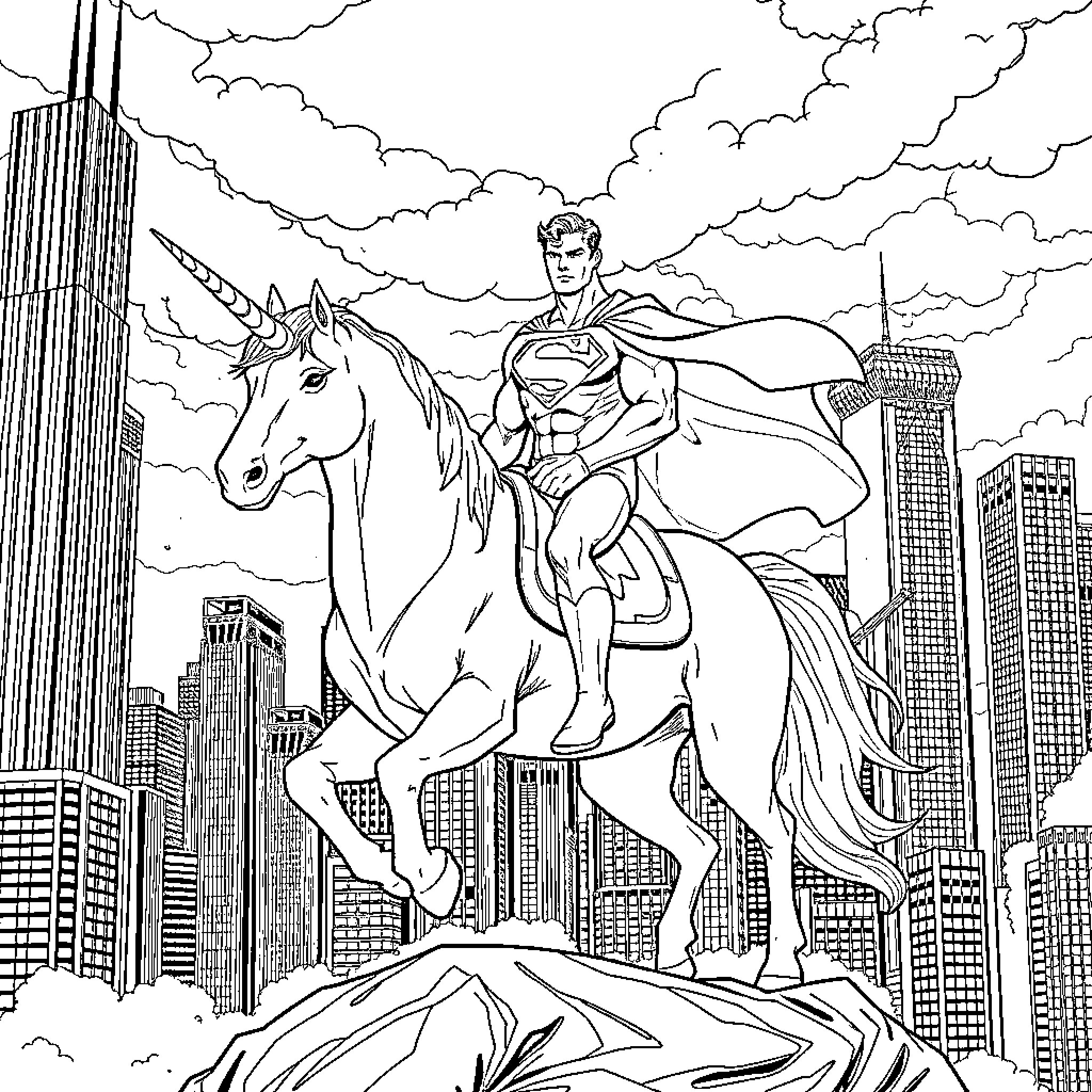 Superman riding a unicorn over the city Coloring Page (free black-and-white line drawing printable PDF for all, from beginners to advanced learners, including children, teens, adults, and seniors)