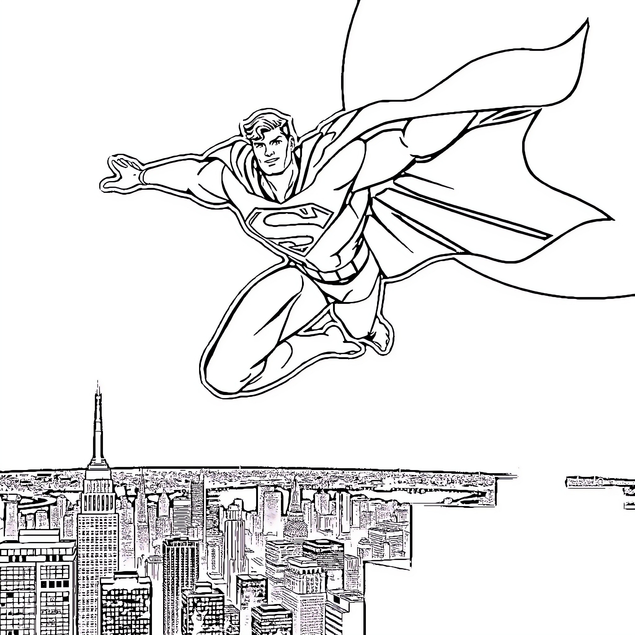 Superman soaring over the city skyline Coloring Page (free black-and-white line drawing printable PDF for all, from beginners to advanced learners, including children, teens, adults, and seniors)
