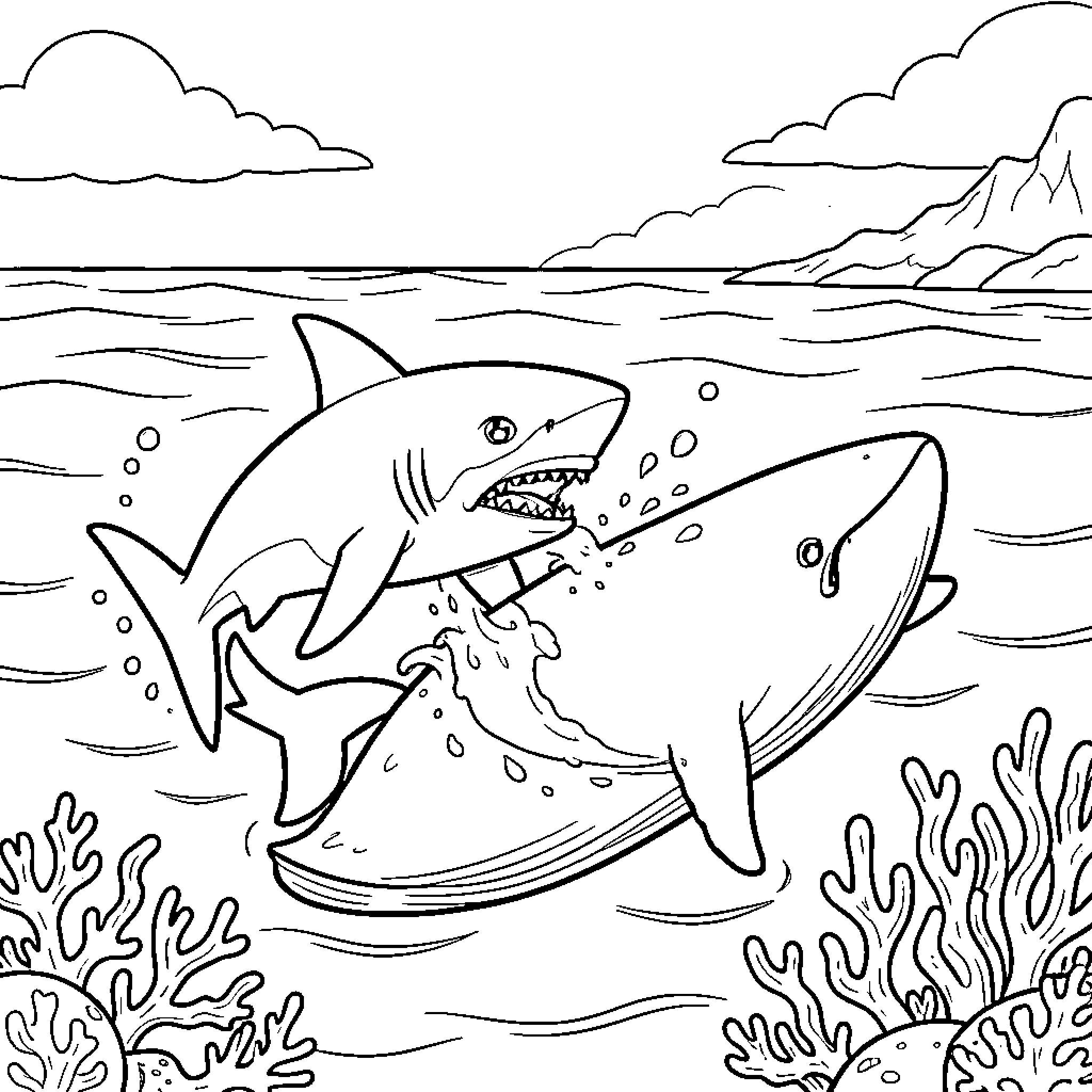 Shark attacking a large whale in the ocean Coloring Page (free black-and-white line drawing printable PDF for all, from beginners to advanced learners, including children, teens, adults, and seniors)