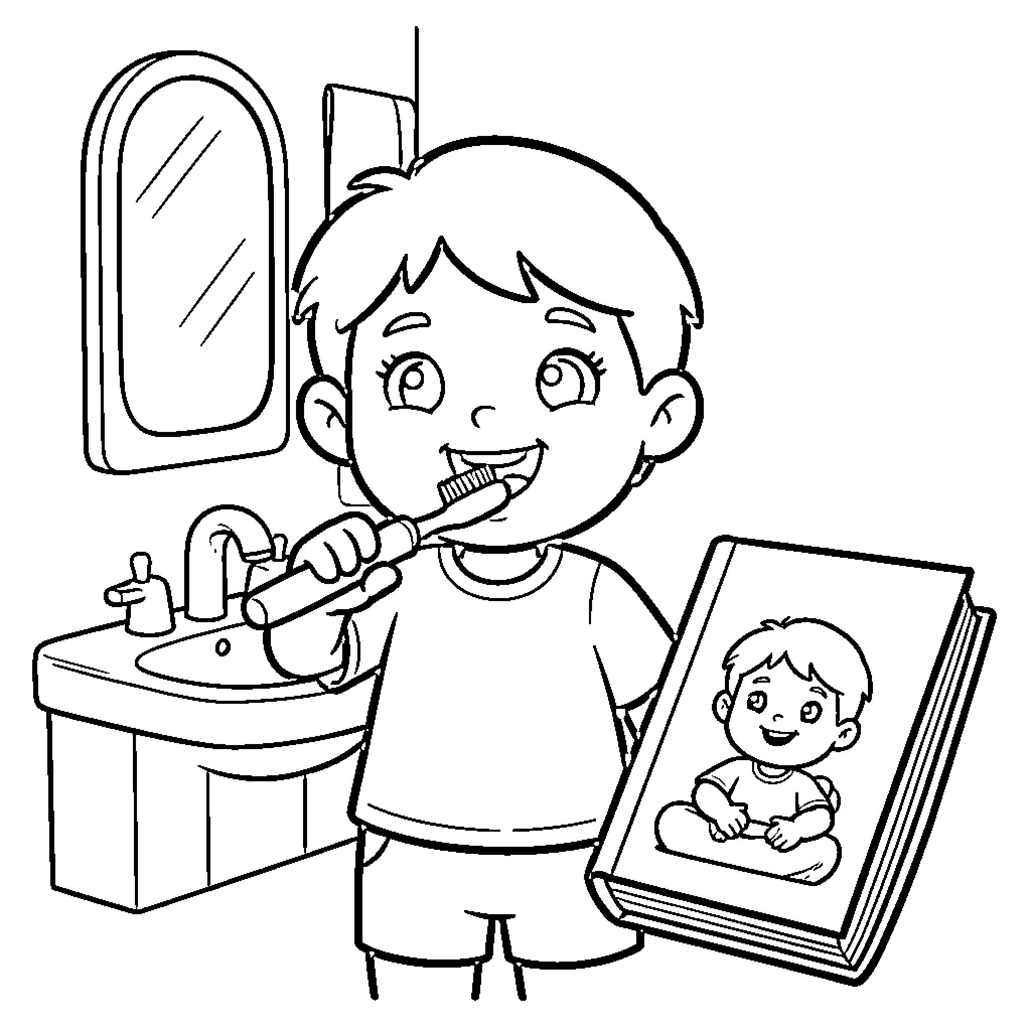Child brushing teeth at bathroom mirror Coloring Page (free black-and-white line drawing printable PDF for all, from beginners to advanced learners, including children, teens, adults, and seniors)