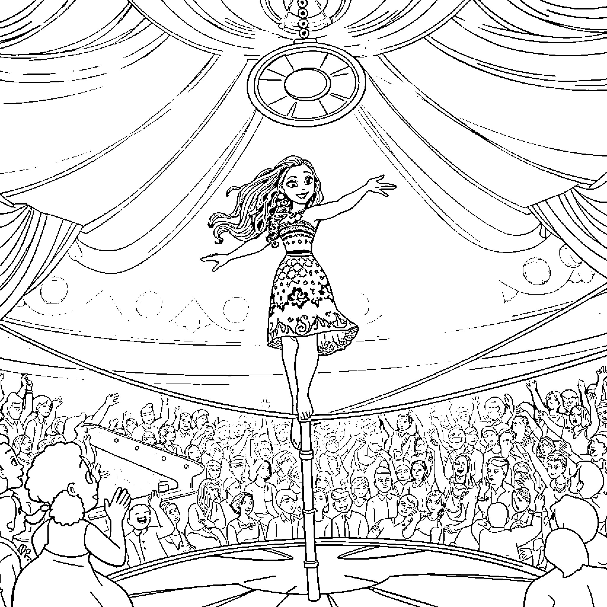 Moana performing on stage before a crowd Coloring Page (free black-and-white line drawing printable PDF for all, from beginners to advanced learners, including children, teens, adults, and seniors)