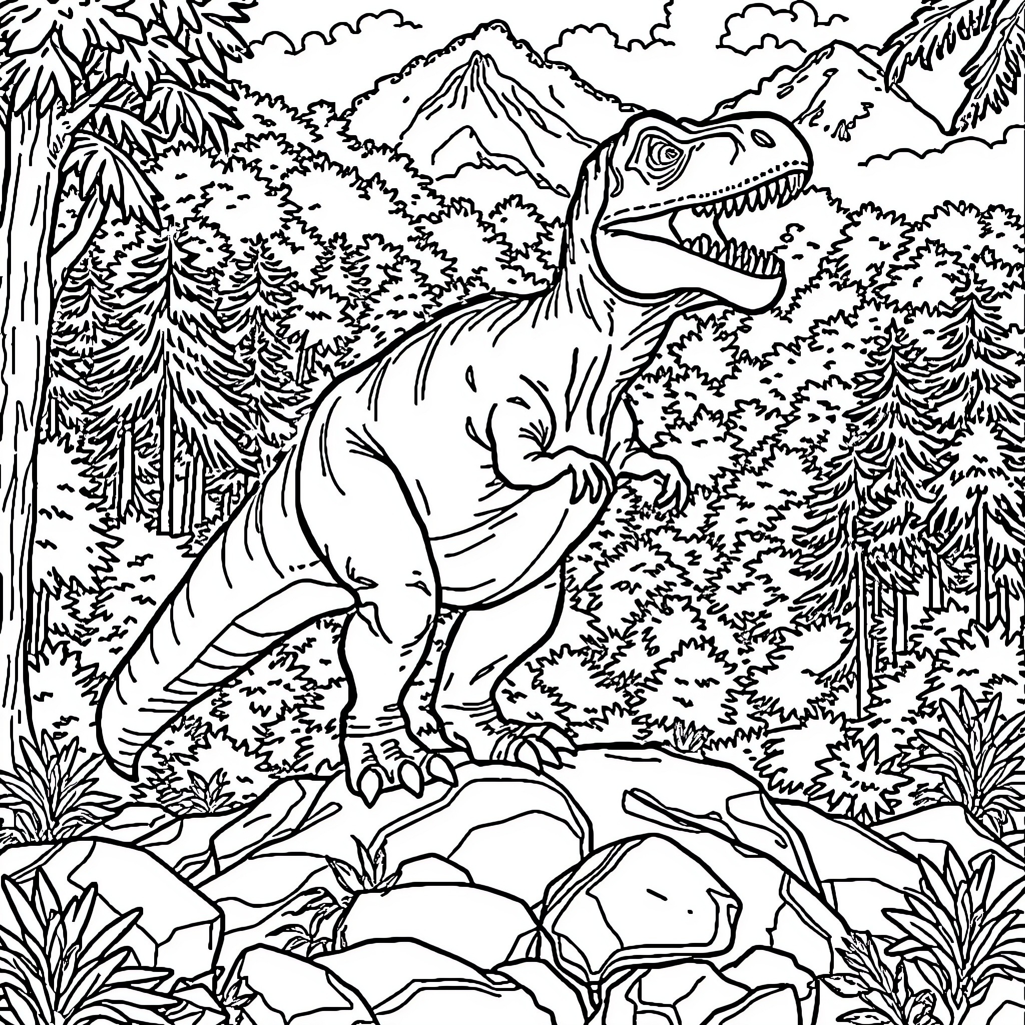 Dinosaur in Prehistoric Jungle Landscape Coloring Page (free black-and-white line drawing printable PDF for all, from beginners to advanced learners, including children, teens, adults, and seniors)