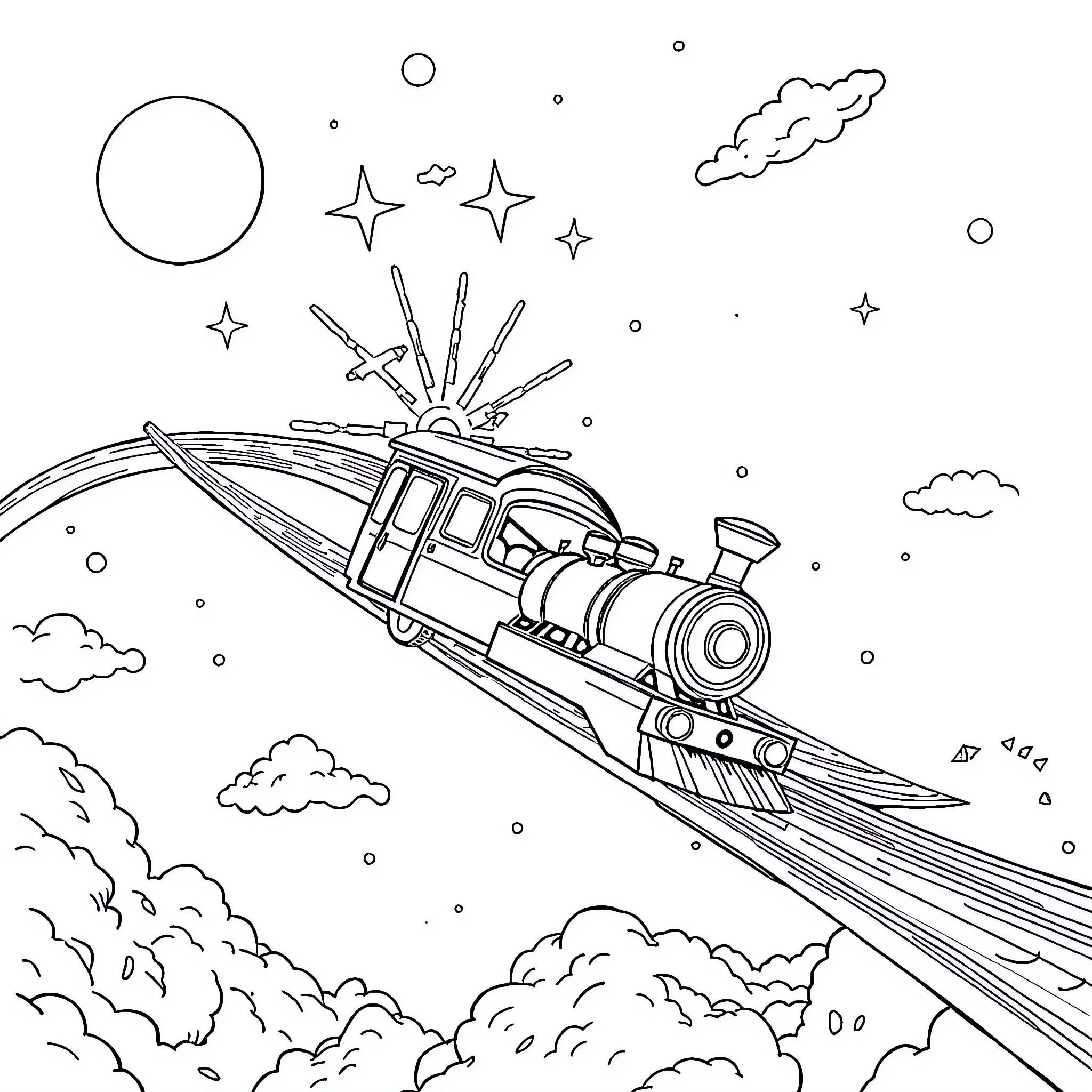 Train soaring through starry night sky Coloring Page (free black-and-white line drawing printable PDF for all, from beginners to advanced learners, including children, teens, adults, and seniors)