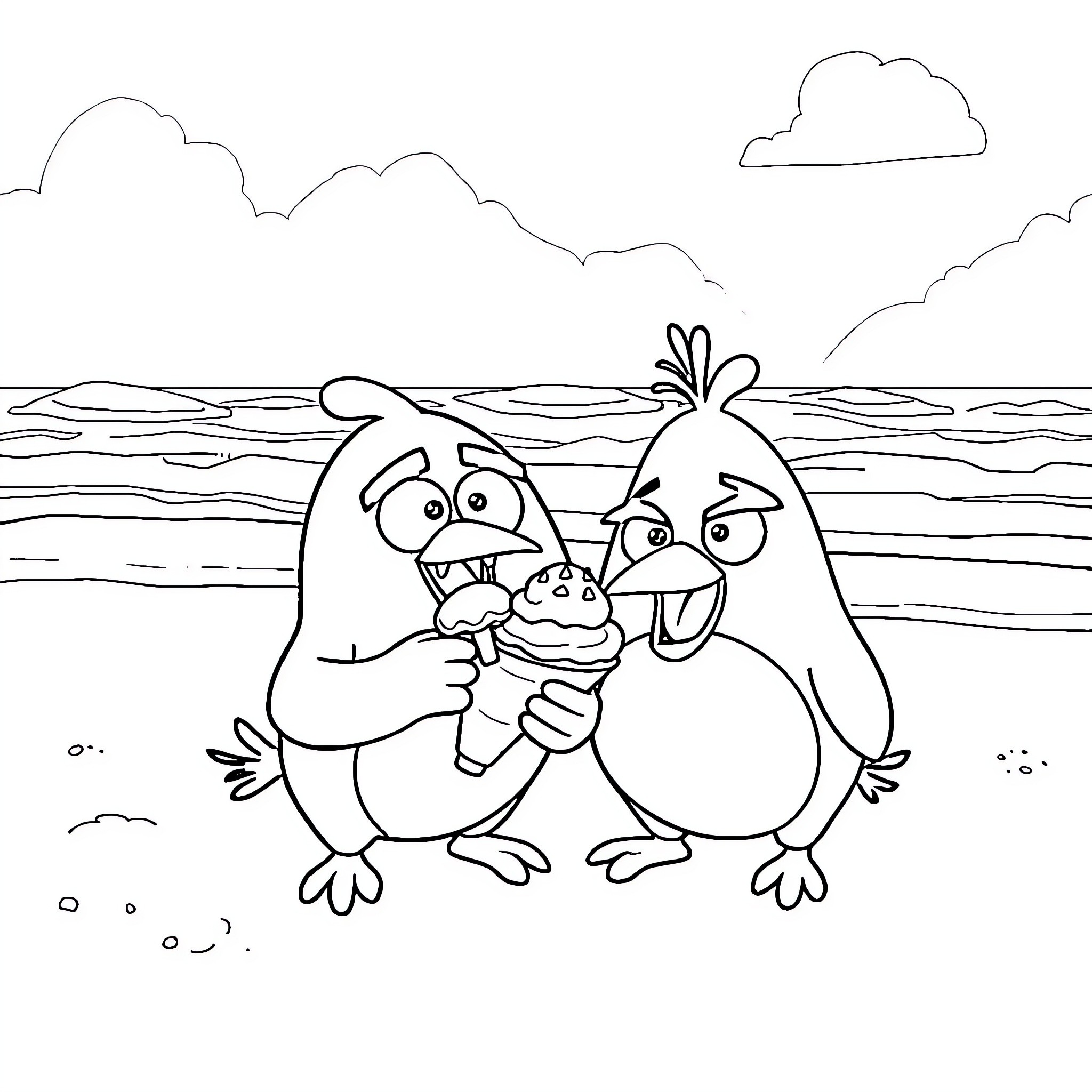 Birds enjoying a day at the beach Coloring Page (free black-and-white line drawing printable PDF for all, from beginners to advanced learners, including children, teens, adults, and seniors)