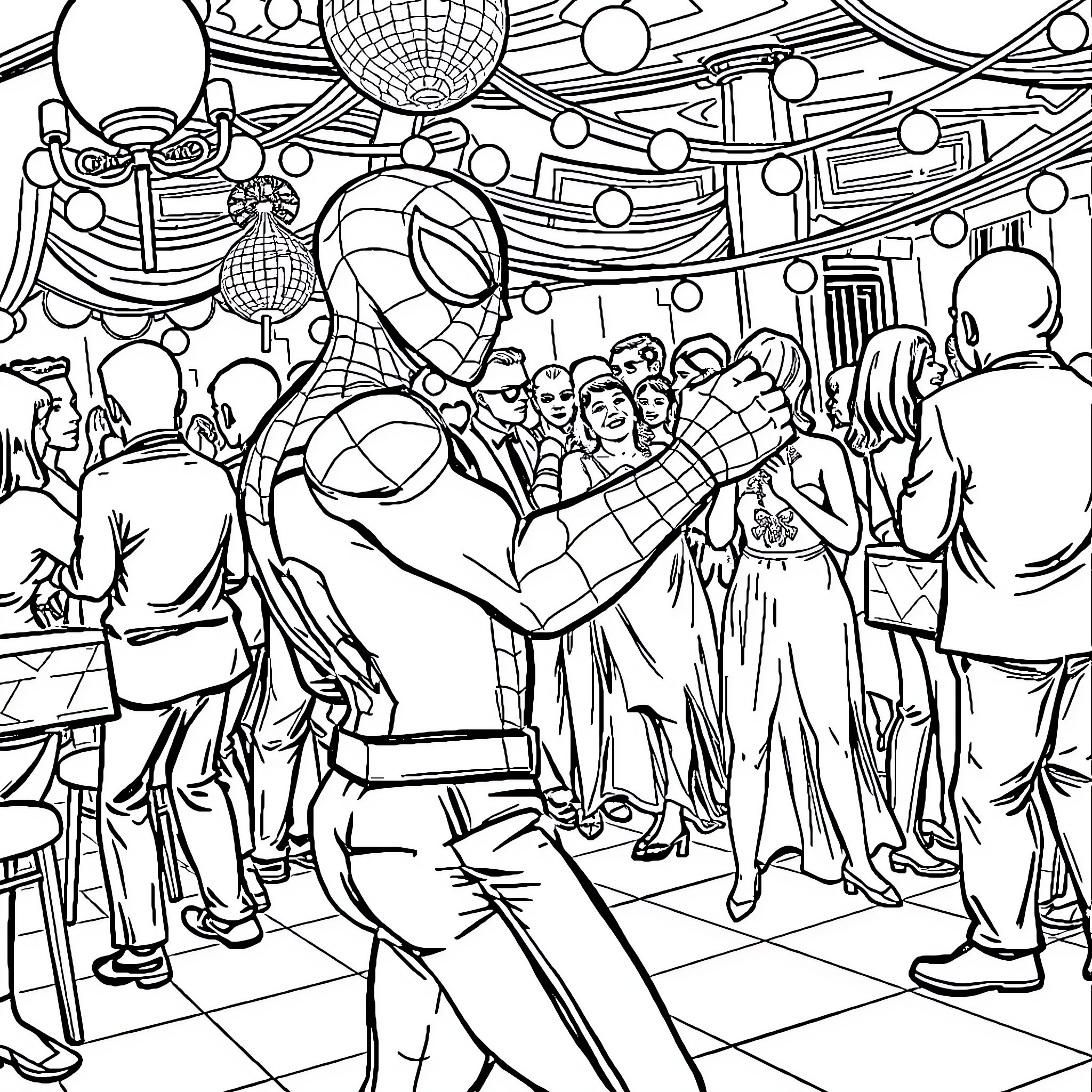 Peter Parker's Masquerade Ball in New York City Coloring Page (free black-and-white line drawing printable PDF for all, from beginners to advanced learners, including children, teens, adults, and seniors)