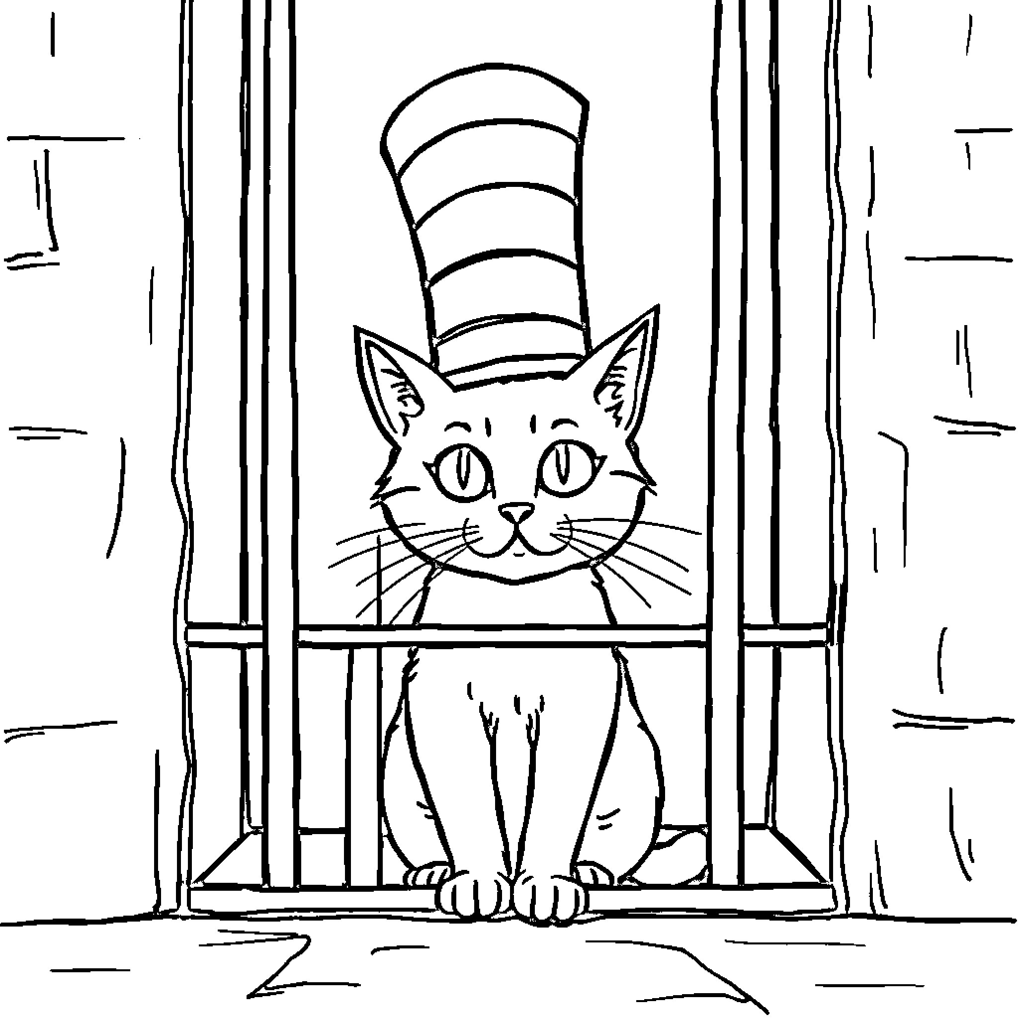 Cat in a top hat looking out the window Coloring Page (free black-and-white line drawing printable PDF for all, from beginners to advanced learners, including children, teens, adults, and seniors)