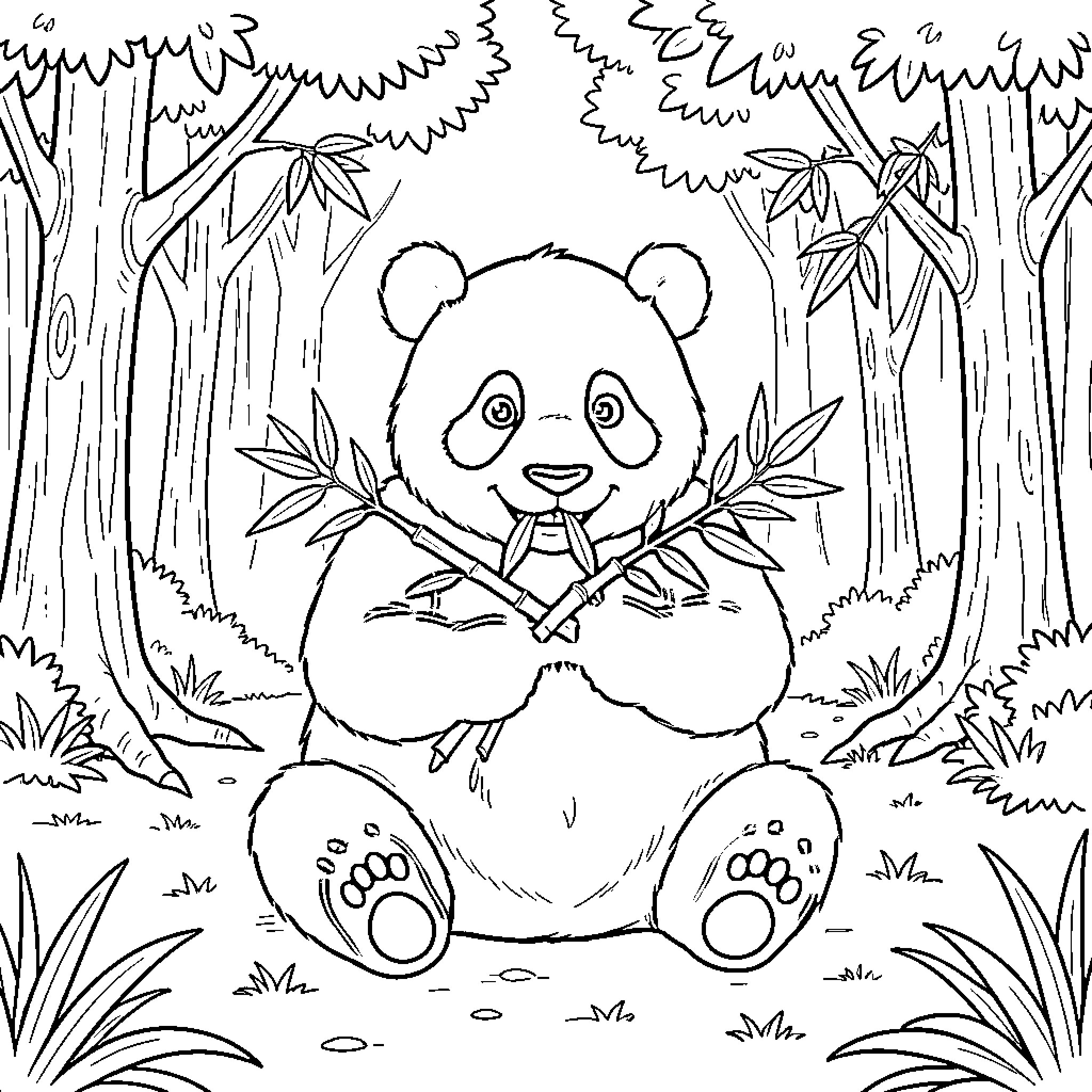 Panda resting in the forest Coloring Page (free black-and-white line drawing printable PDF for all, from beginners to advanced learners, including children, teens, adults, and seniors)