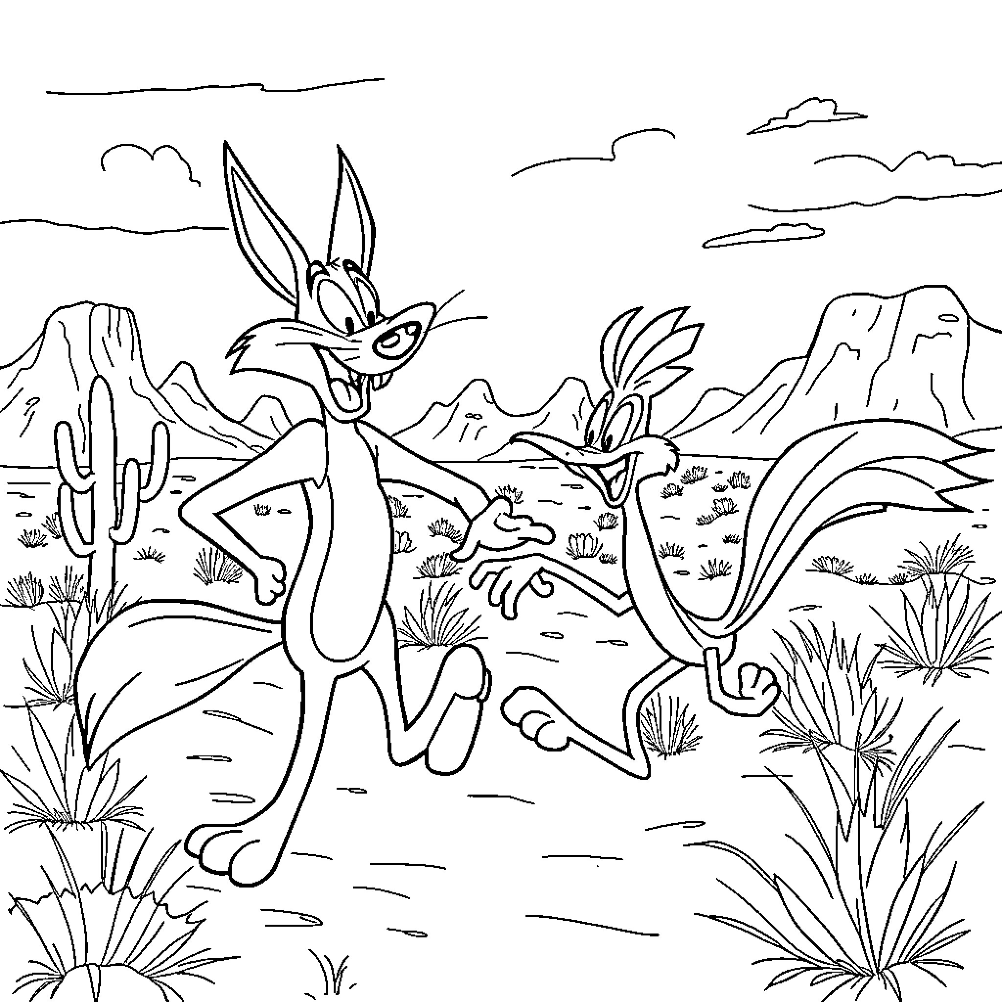 Coyote running through the desert with a bird Coloring Page (free black-and-white line drawing printable PDF for all, from beginners to advanced learners, including children, teens, adults, and seniors)