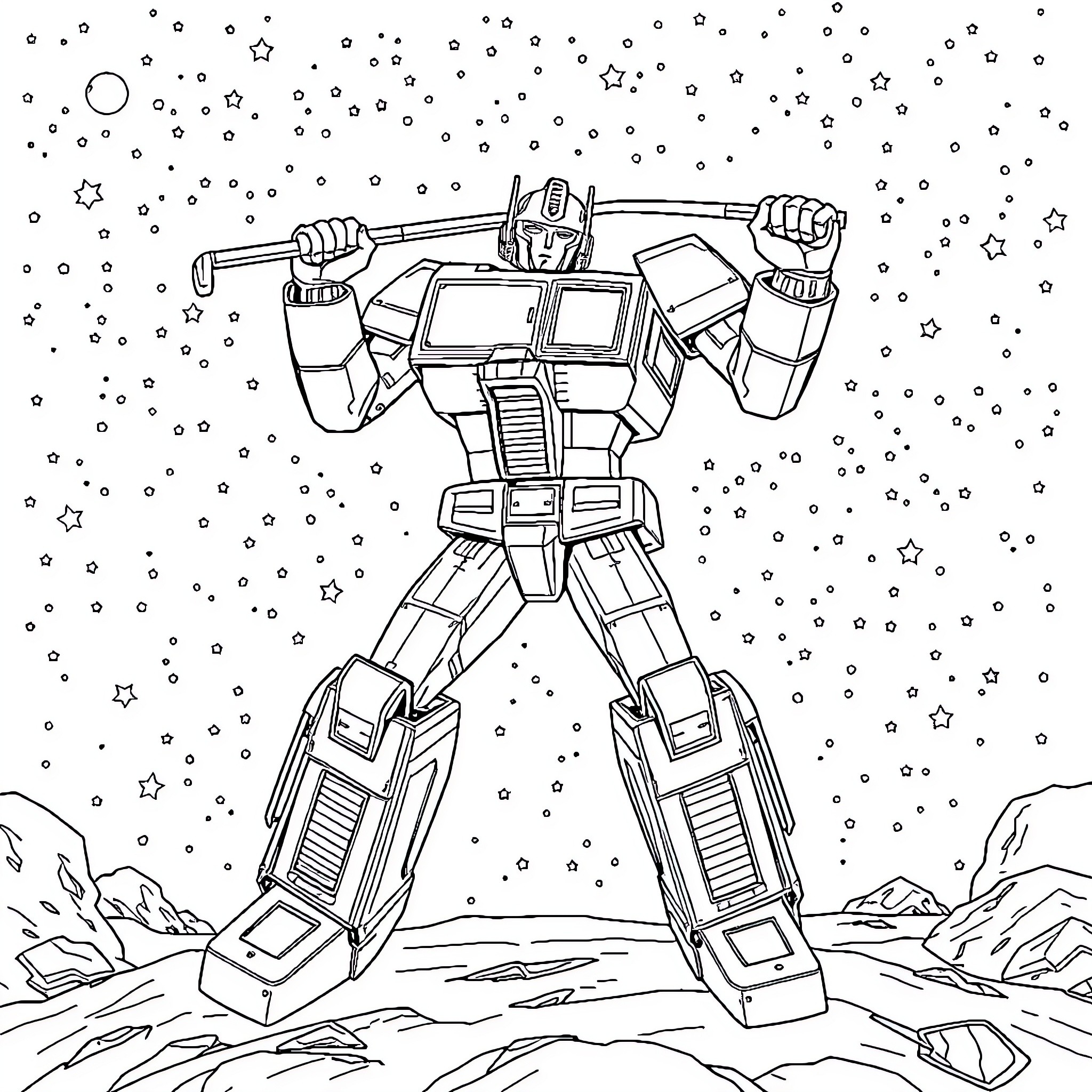 Optimus Prime fighting in the cosmic battlefield Coloring Page (free black-and-white line drawing printable PDF for all, from beginners to advanced learners, including children, teens, adults, and seniors)