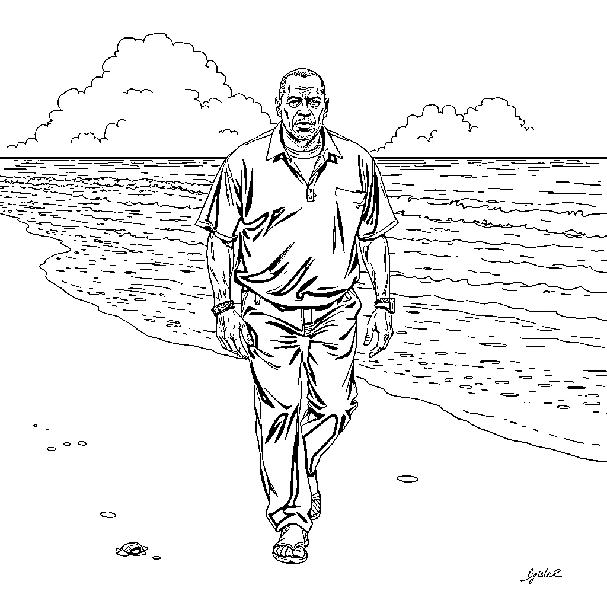 OJ Simpson walking alone on the beach Coloring Page (free black-and-white line drawing printable PDF for all, from beginners to advanced learners, including children, teens, adults, and seniors)