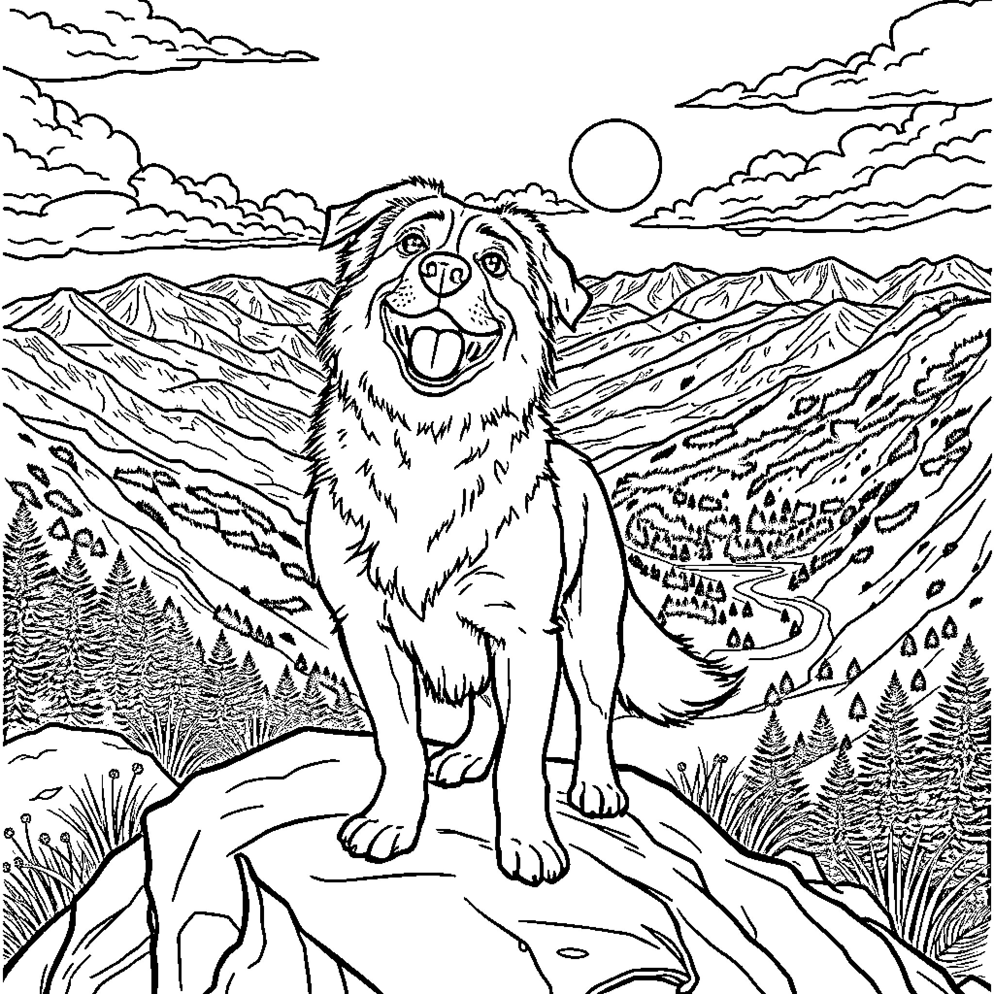 Dog exploring majestic mountain landscape Coloring Page (free black-and-white line drawing printable PDF for all, from beginners to advanced learners, including children, teens, adults, and seniors)