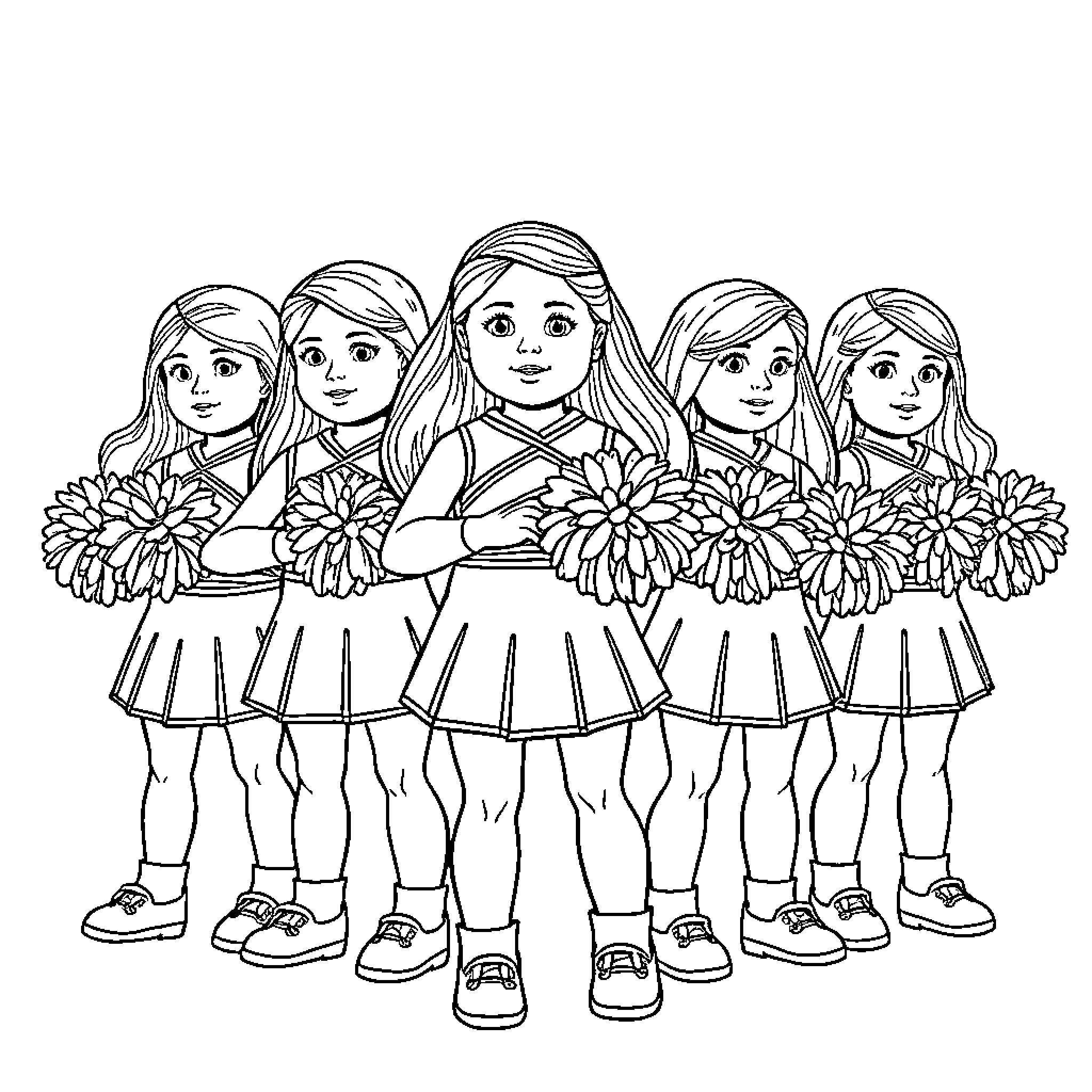 American Girl Doll Cheerleaders Holding Pom-Poms Coloring Page (free black-and-white line drawing printable PDF for all, from beginners to advanced learners, including children, teens, adults, and seniors)