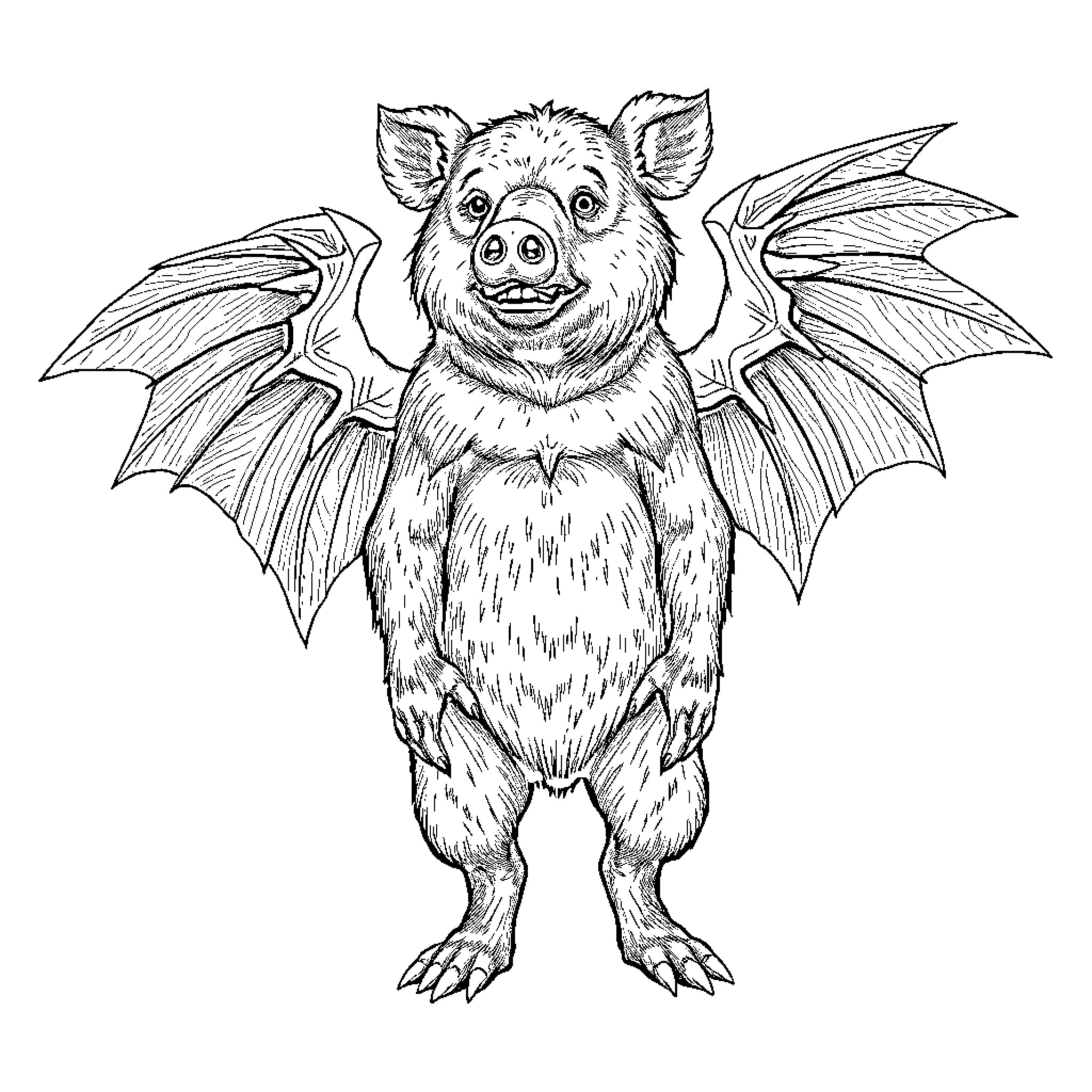 Manbearpig with Bat-like Wings and Curious Expression Coloring Page (free black-and-white line drawing printable PDF for all, from beginners to advanced learners, including children, teens, adults, and seniors)