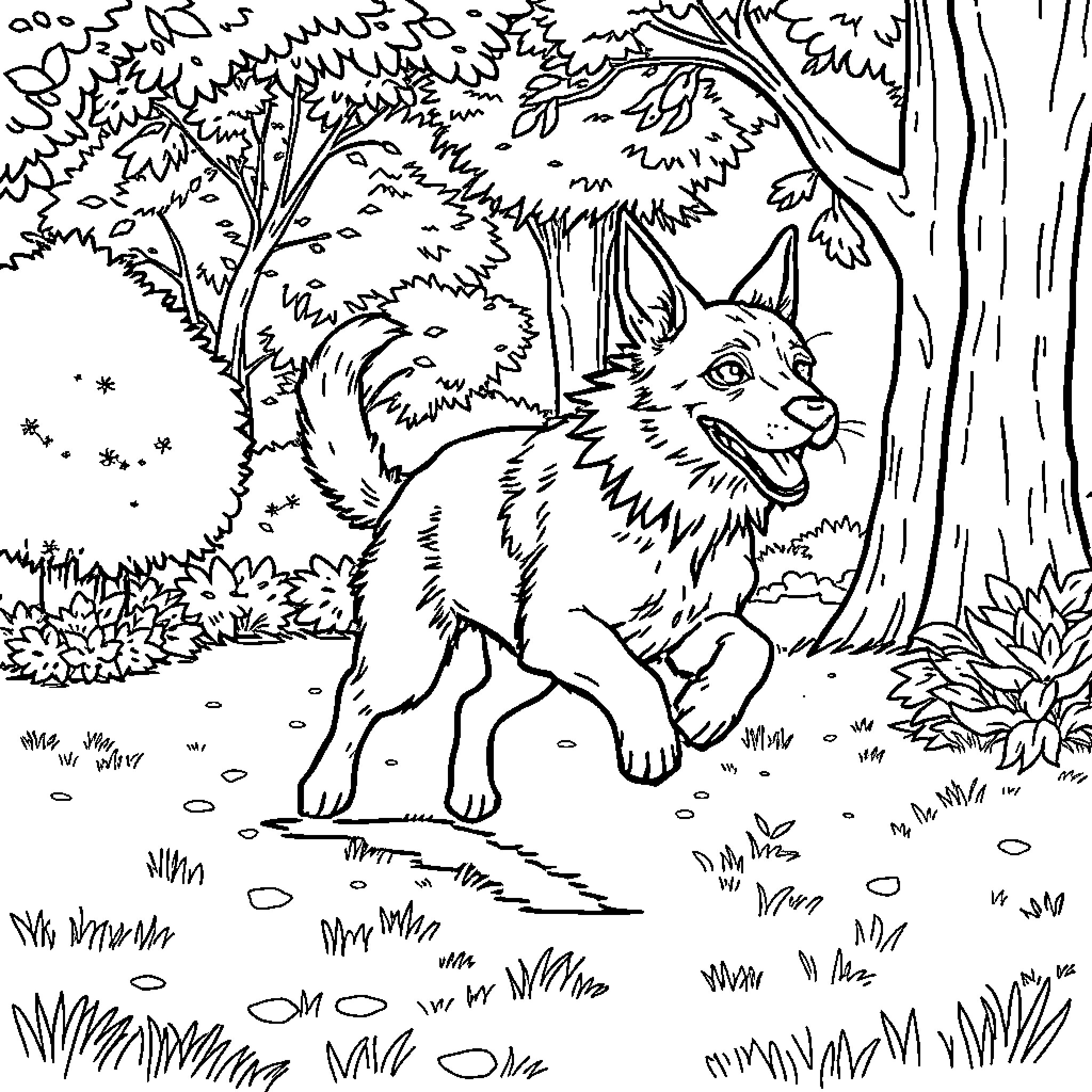Dog running playfully in forest Coloring Page (free black-and-white line drawing printable PDF for all, from beginners to advanced learners, including children, teens, adults, and seniors)