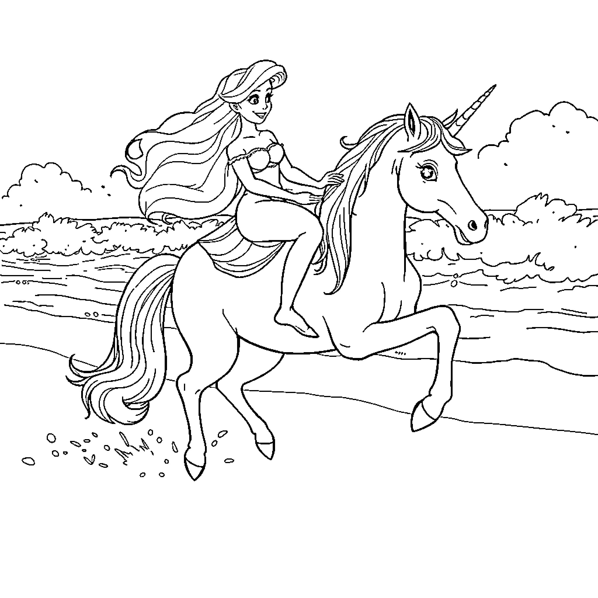 Ariel Riding a Unicorn in a Magical Landscape Coloring Page (free black-and-white line drawing printable PDF for all, from beginners to advanced learners, including children, teens, adults, and seniors)