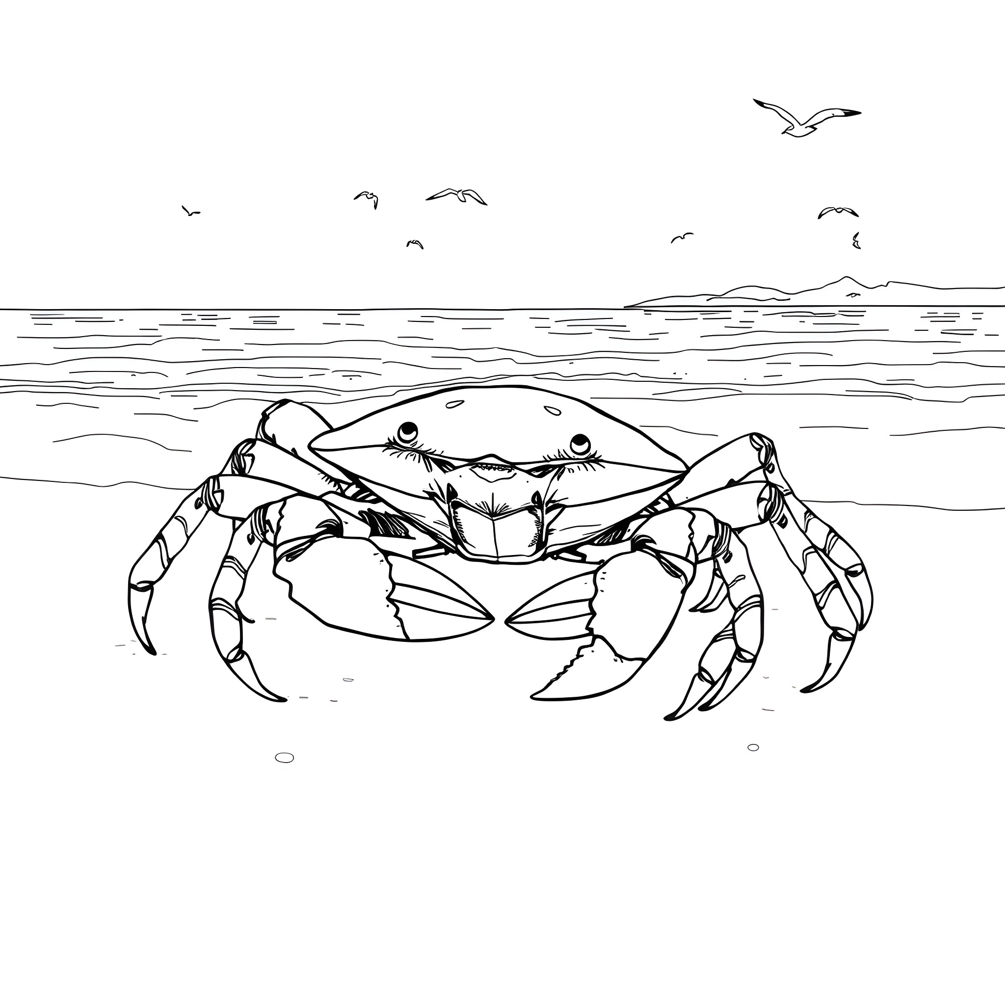 King Crab walking in the sea with seagulls Coloring Page (free black-and-white line drawing printable PDF for all, from beginners to advanced learners, including children, teens, adults, and seniors)
