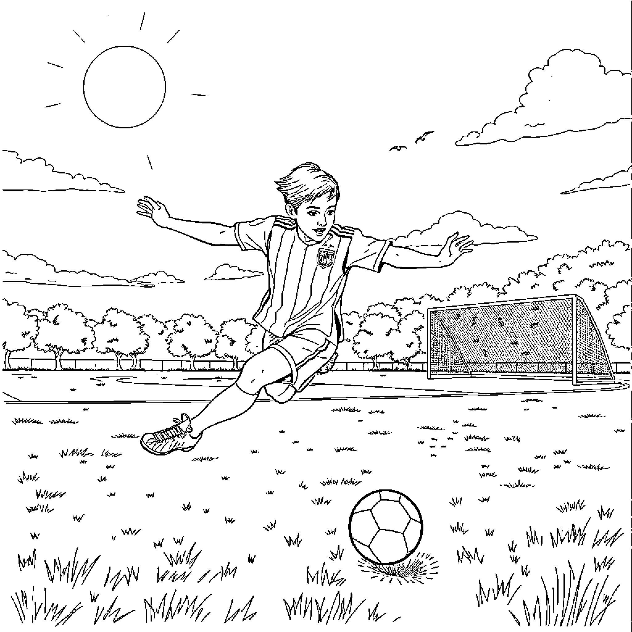 Patricio enjoying a friendly soccer match on the field Coloring Page (free black-and-white line drawing printable PDF for all, from beginners to advanced learners, including children, teens, adults, and seniors)