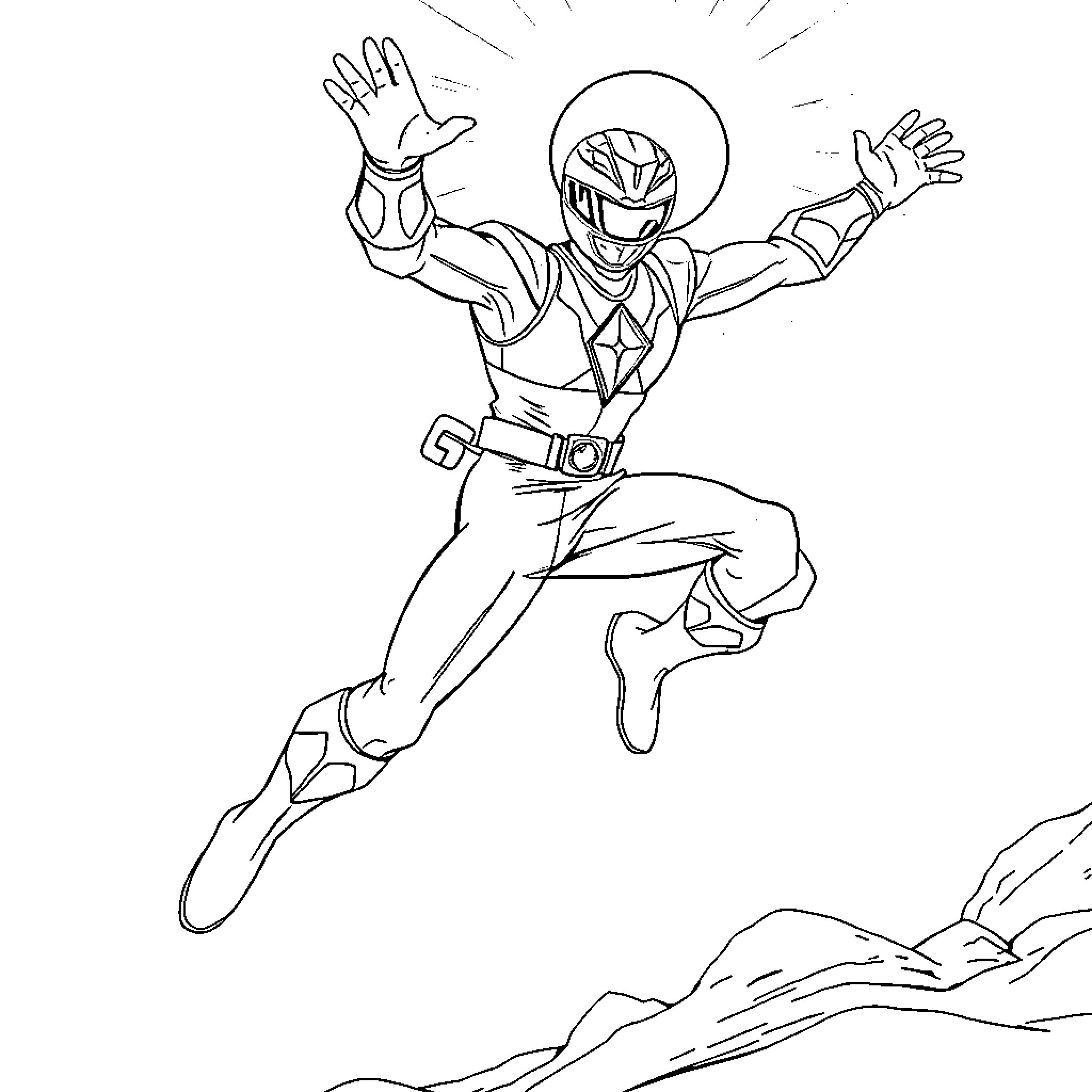 Power Ranger Leaping into Action Coloring Page (free black-and-white line drawing printable PDF for all, from beginners to advanced learners, including children, teens, adults, and seniors)