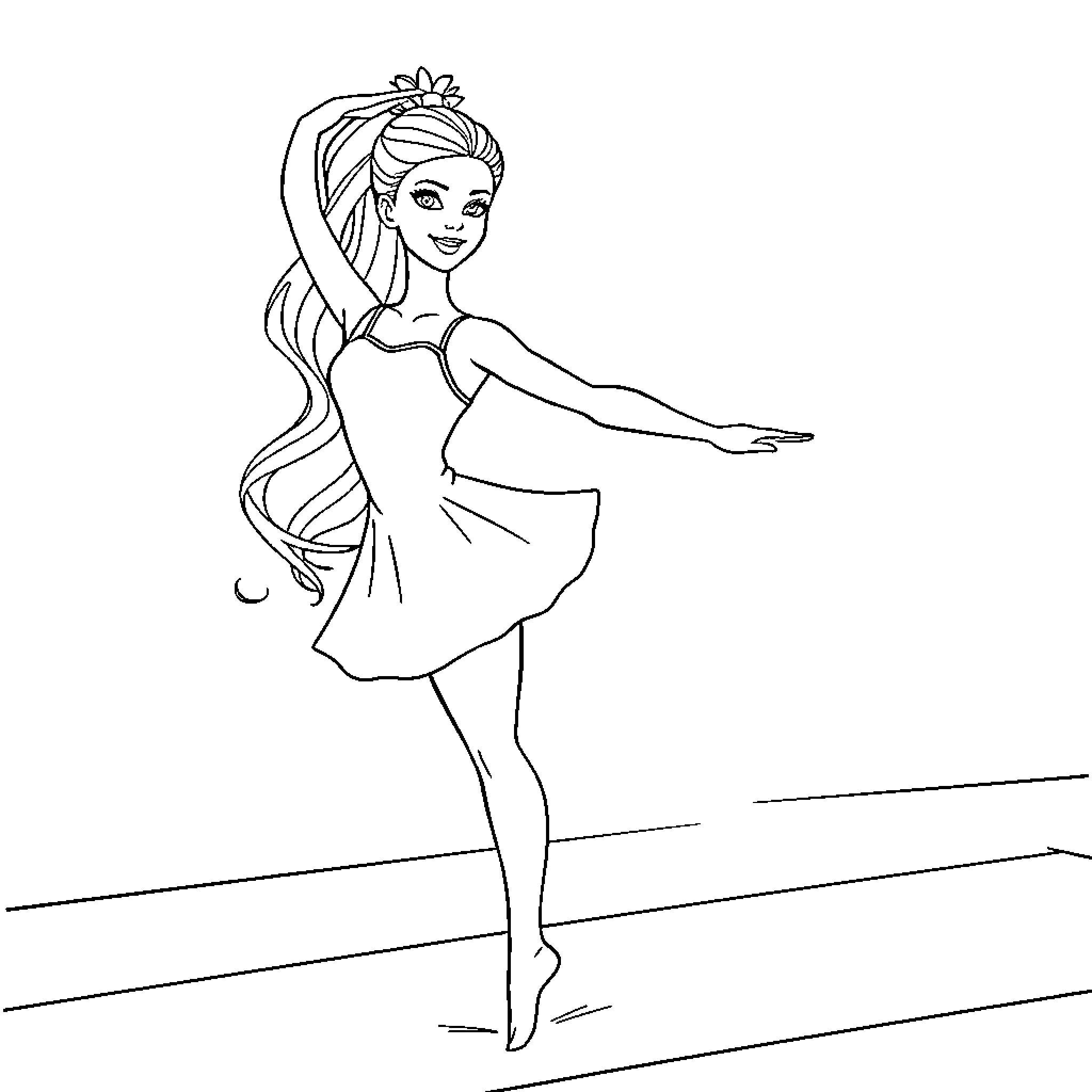 Barbie Ballerina Dancing on Stage Coloring Page (free black-and-white line drawing printable PDF for all, from beginners to advanced learners, including children, teens, adults, and seniors)