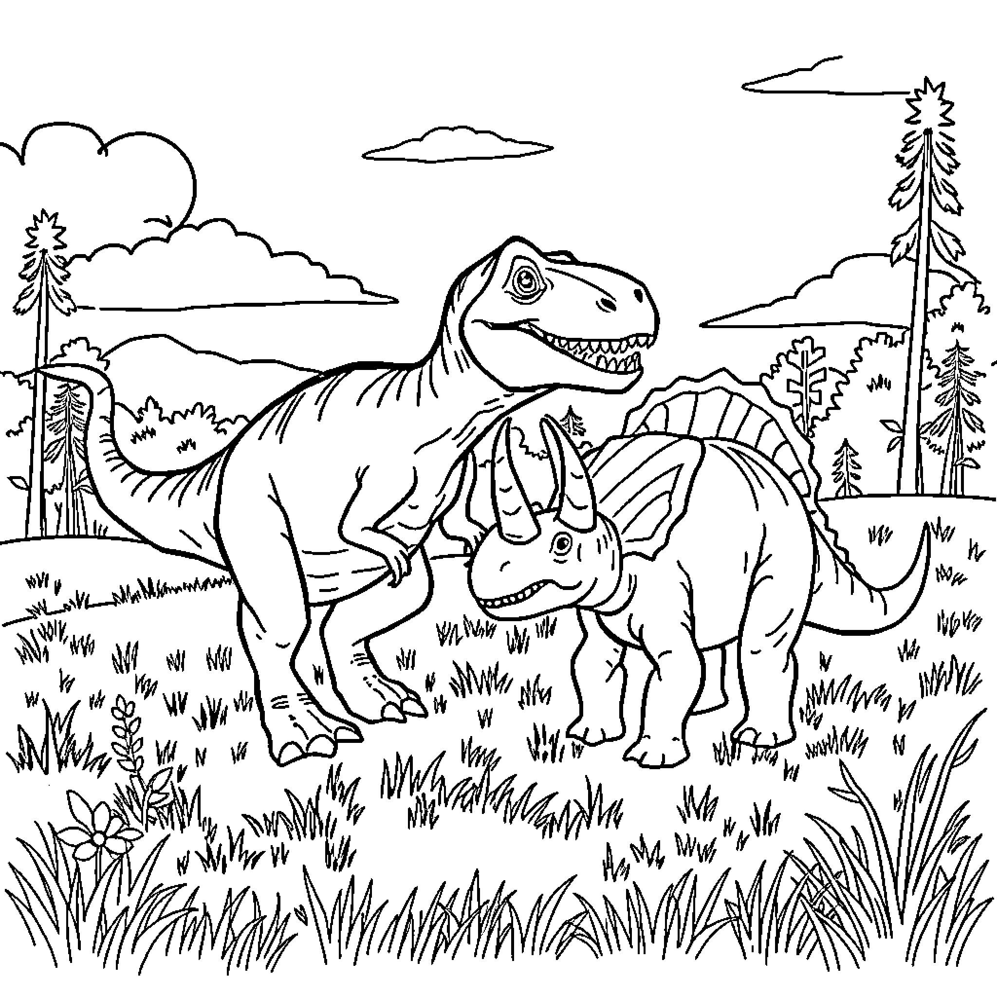 Dinosaurs roaming the prehistoric landscape Coloring Page (free black-and-white line drawing printable PDF for all, from beginners to advanced learners, including children, teens, adults, and seniors)