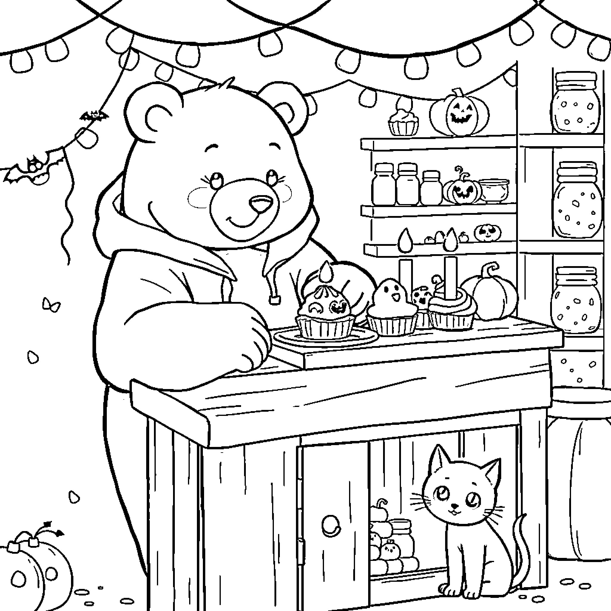 Bear baking Halloween treats in spooky kitchen Coloring Page (free black-and-white line drawing printable PDF for all, from beginners to advanced learners, including children, teens, adults, and seniors)
