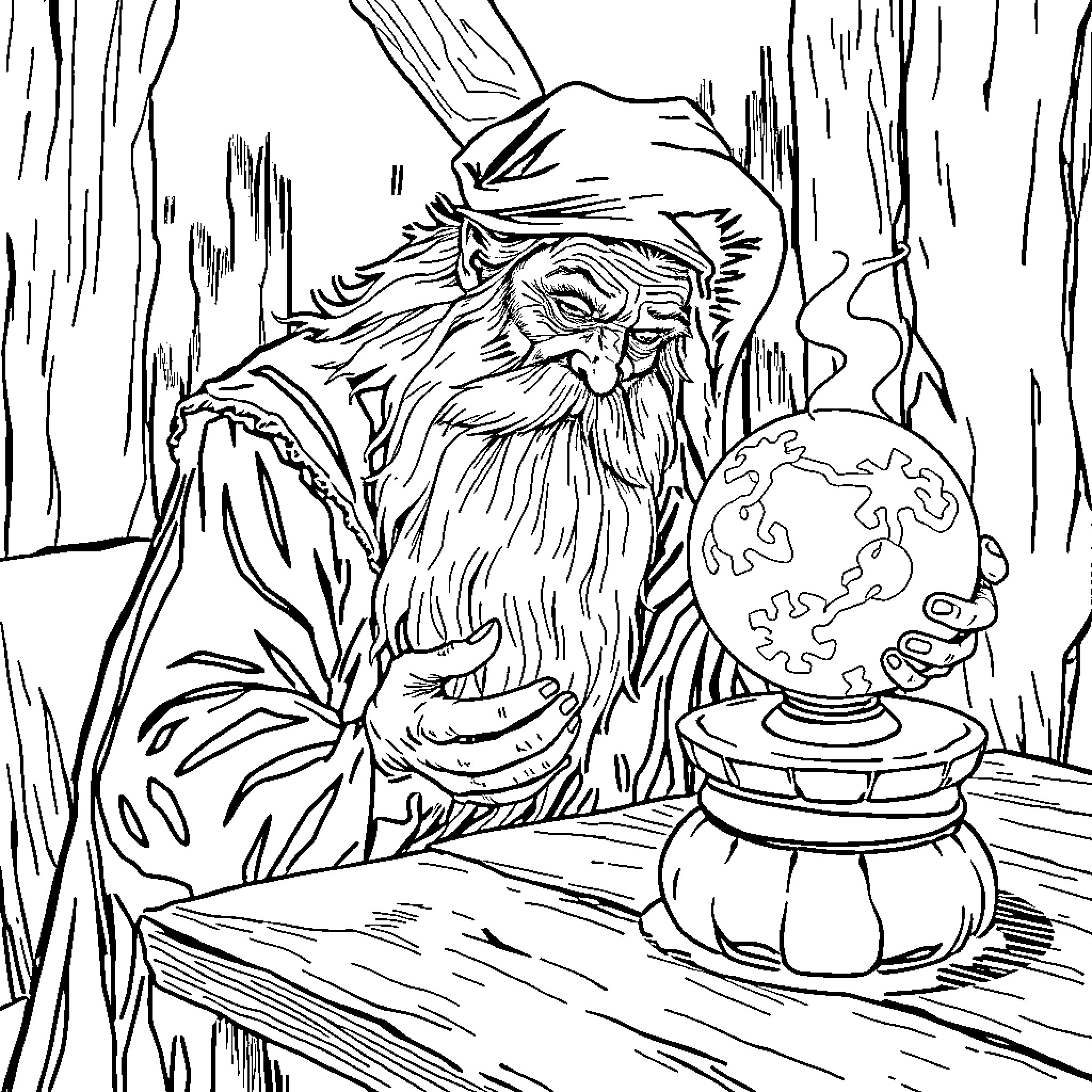 Wizard Conjuring Magical World Coloring Page (free black-and-white line drawing printable PDF for all, from beginners to advanced learners, including children, teens, adults, and seniors)