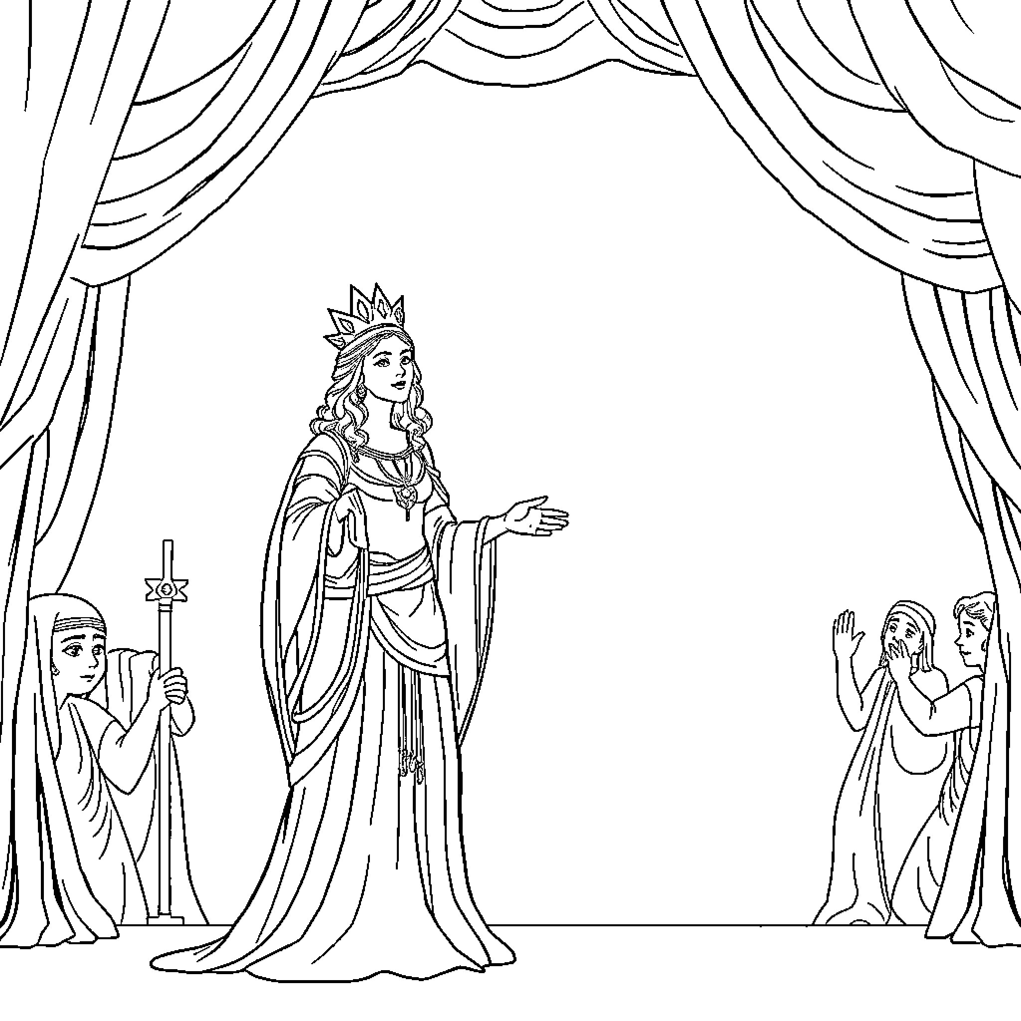 Esther addressing her people in a royal court Coloring Page (free black-and-white line drawing printable PDF for all, from beginners to advanced learners, including children, teens, adults, and seniors)