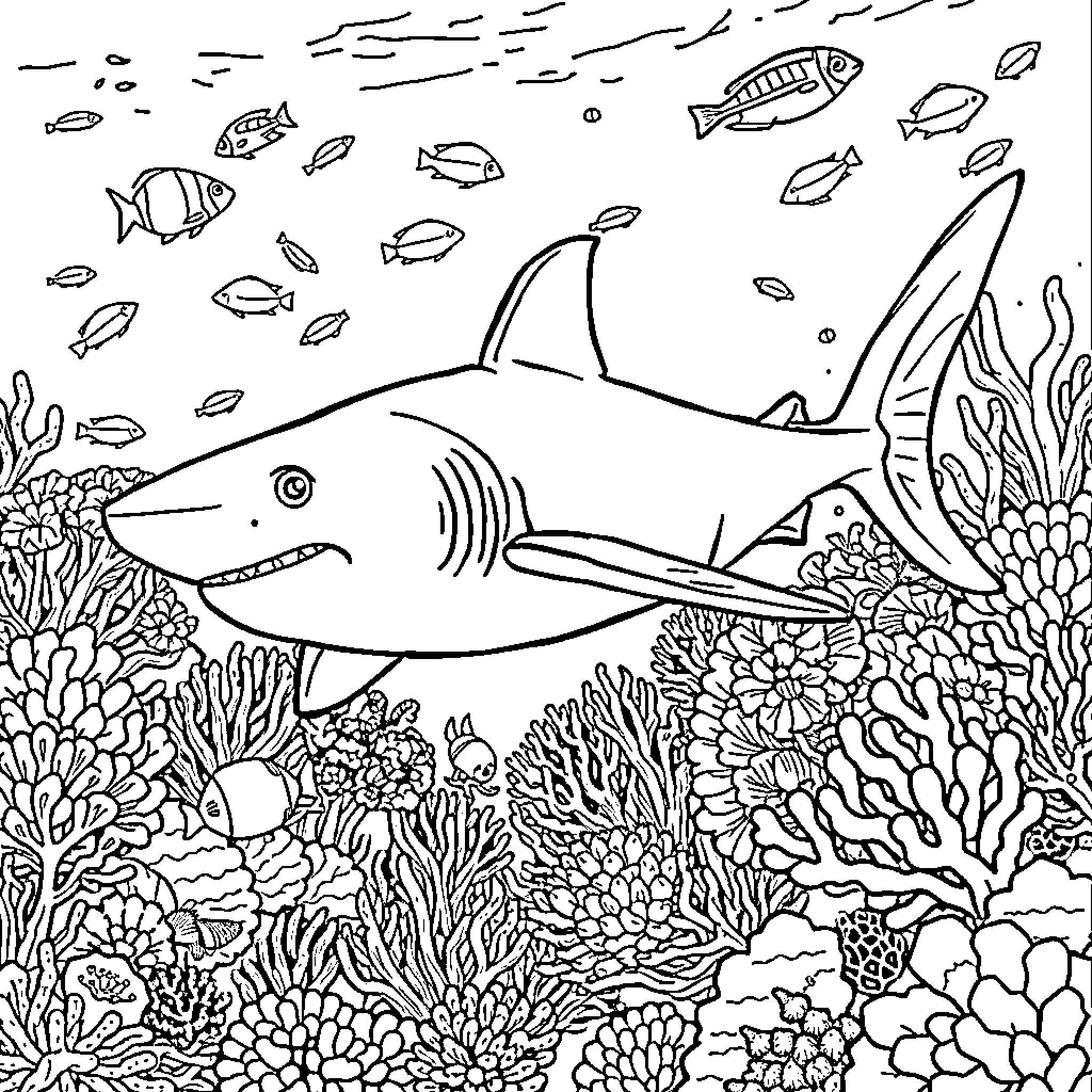 Shark swimming among colorful coral reef Coloring Page (free black-and-white line drawing printable PDF for all, from beginners to advanced learners, including children, teens, adults, and seniors)