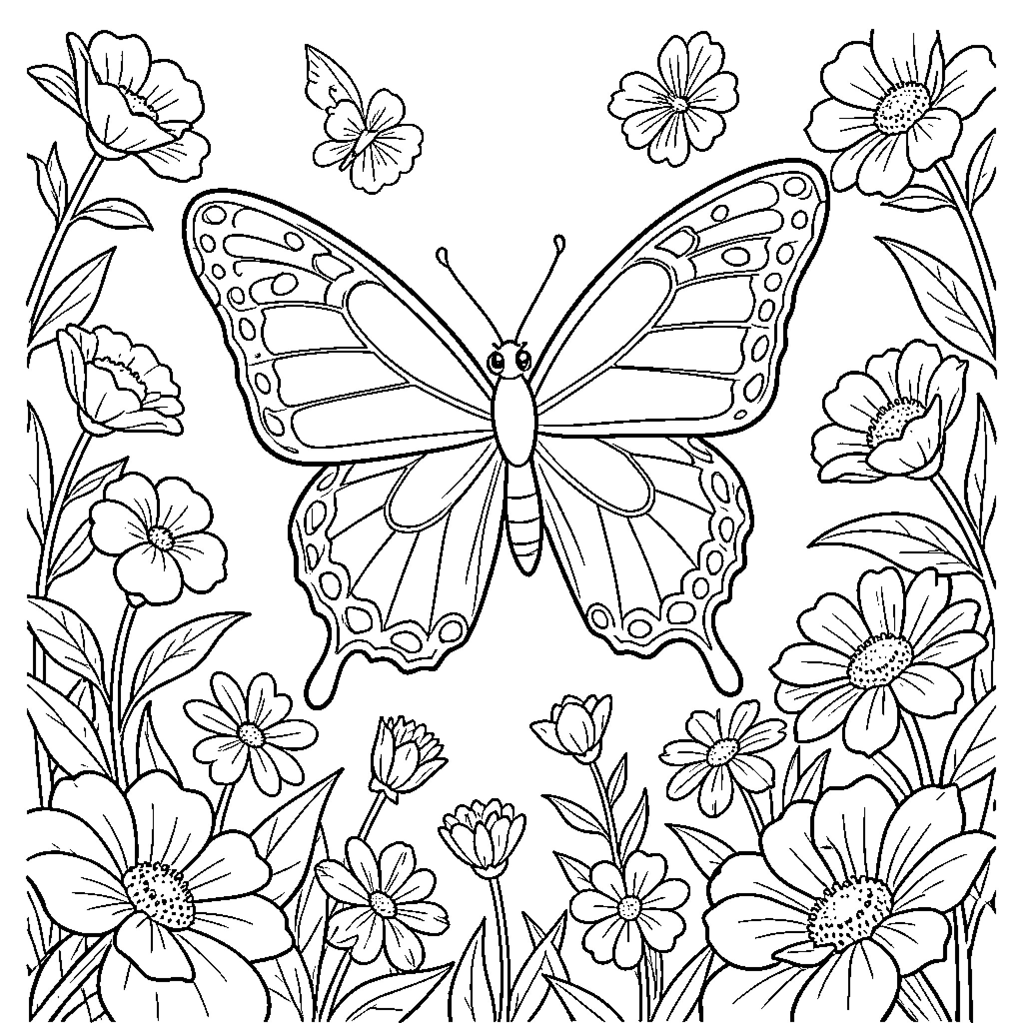 Butterfly resting amidst a field of blooming flowers Coloring Page (free black-and-white line drawing printable PDF for all, from beginners to advanced learners, including children, teens, adults, and seniors)