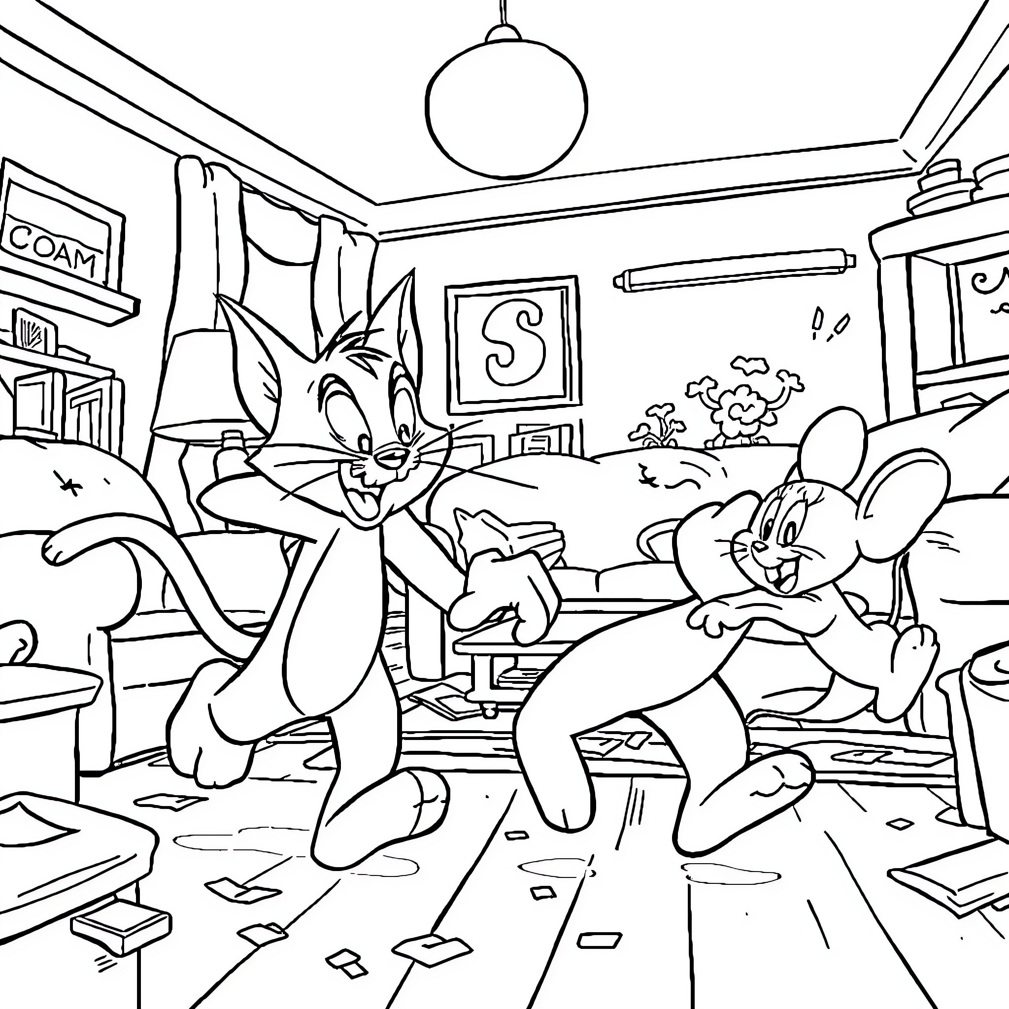 Tom and Jerry chase and play in a messy room Coloring Page (free black-and-white line drawing printable PDF for all, from beginners to advanced learners, including children, teens, adults, and seniors)