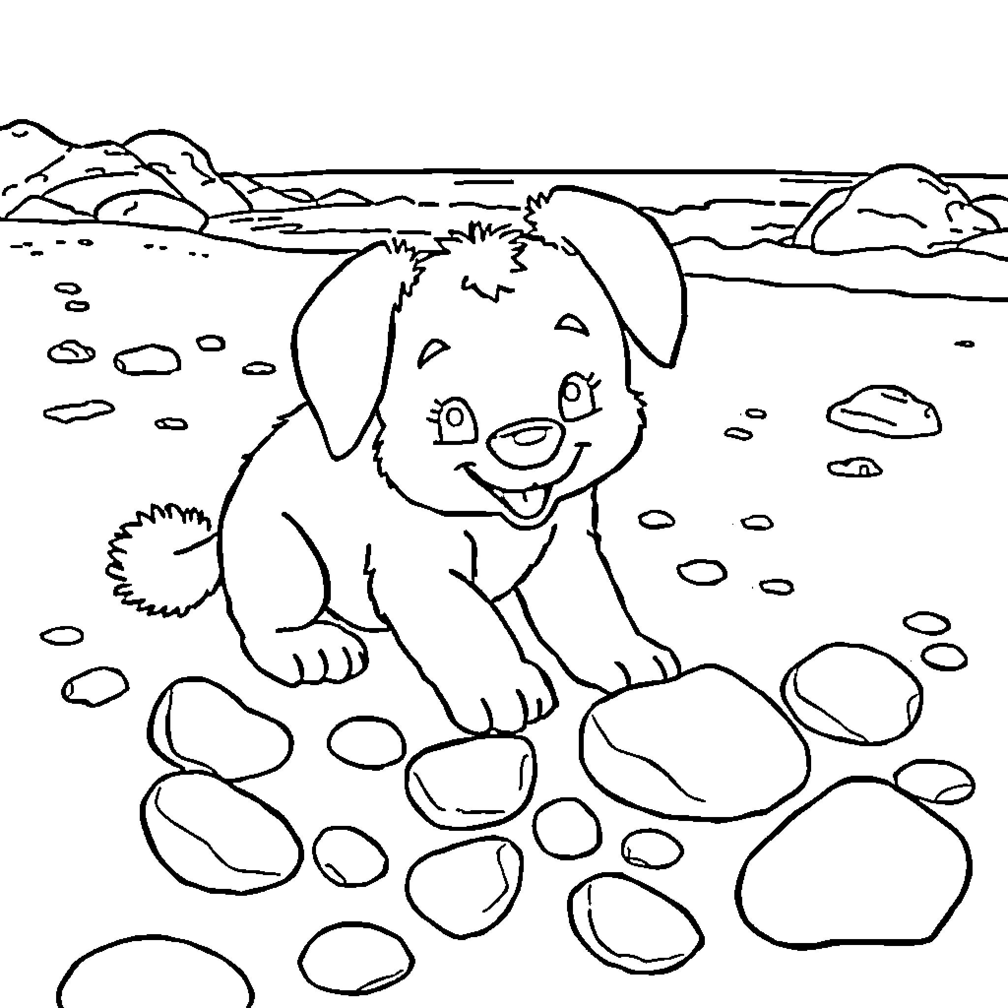 Bluey playing happily on the rocky shore Coloring Page (free black-and-white line drawing printable PDF for all, from beginners to advanced learners, including children, teens, adults, and seniors)