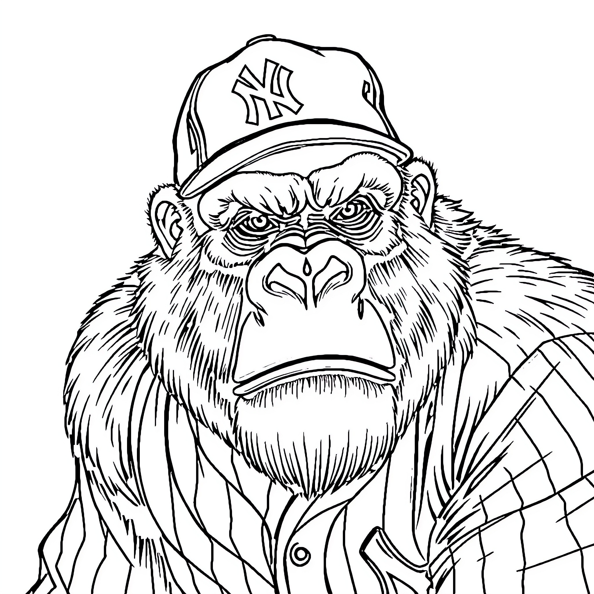 Gorilla wearing baseball cap and flannel shirt Coloring Page (free black-and-white line drawing printable PDF for all, from beginners to advanced learners, including children, teens, adults, and seniors)