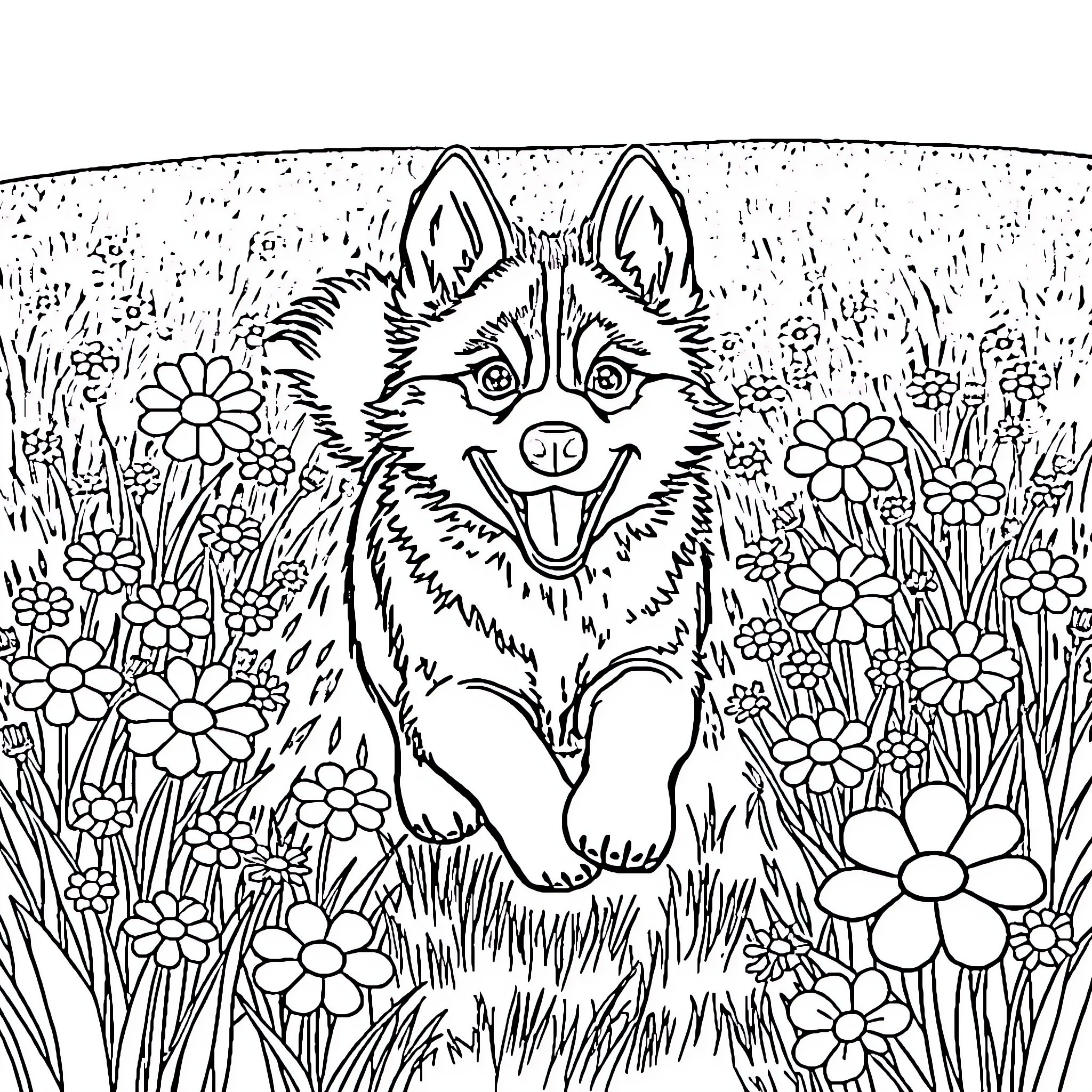 Husky exploring a flower-filled meadow Coloring Page (free black-and-white line drawing printable PDF for all, from beginners to advanced learners, including children, teens, adults, and seniors)