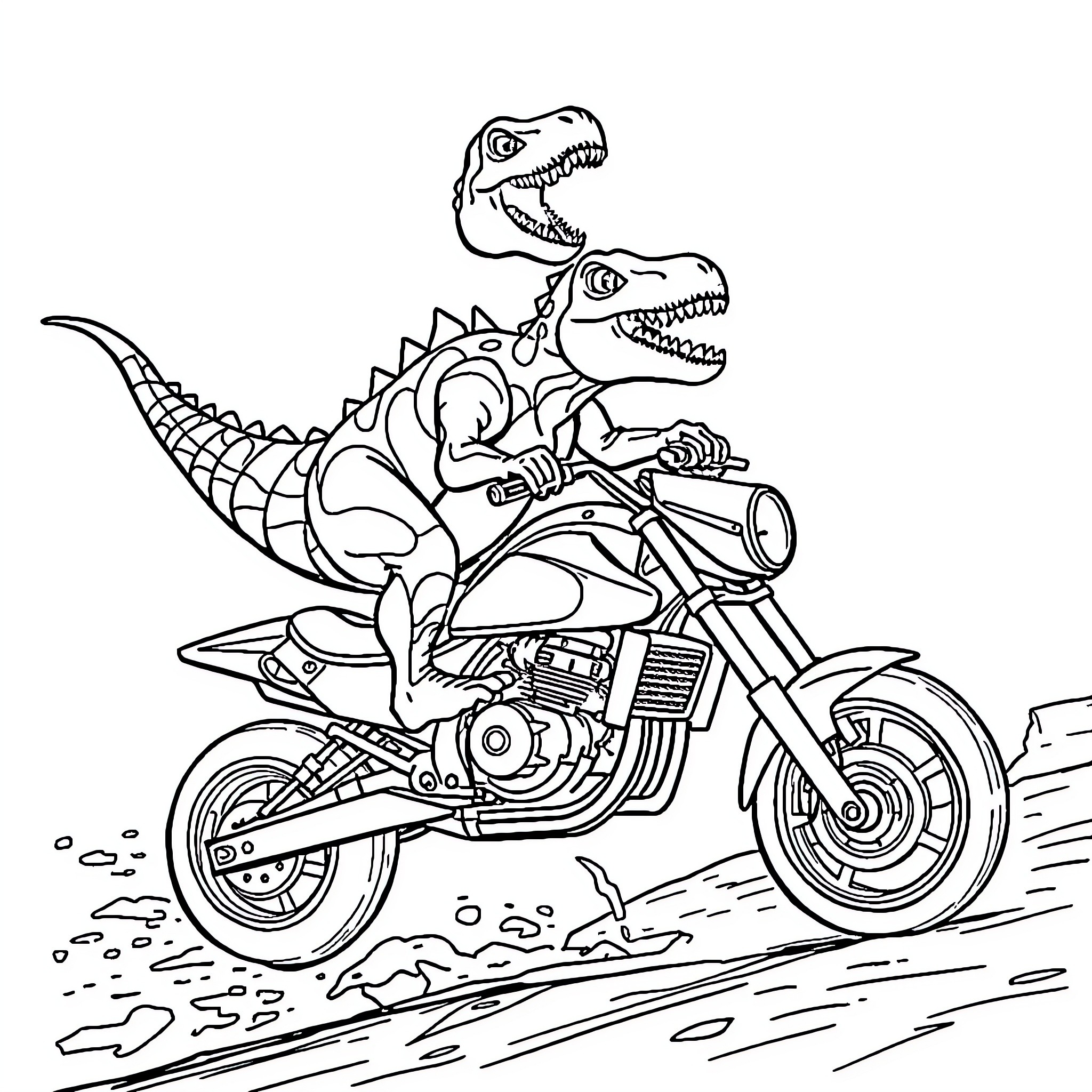 Dinosaur Riding a Motorcycle in the Wild Coloring Page (free black-and-white line drawing printable PDF for all, from beginners to advanced learners, including children, teens, adults, and seniors)