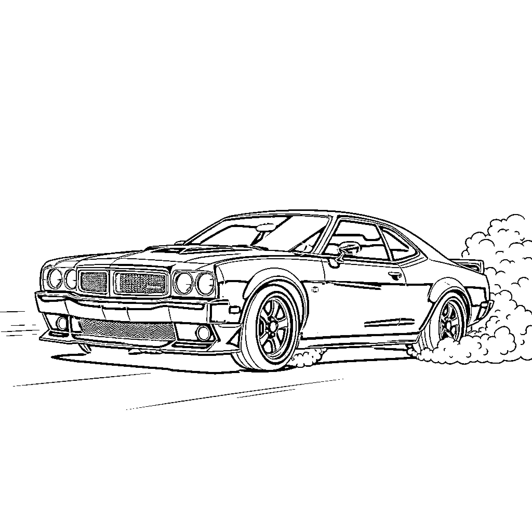Sedan sports car speeding on the road Coloring Page (free black-and-white line drawing printable PDF for all, from beginners to advanced learners, including children, teens, adults, and seniors)