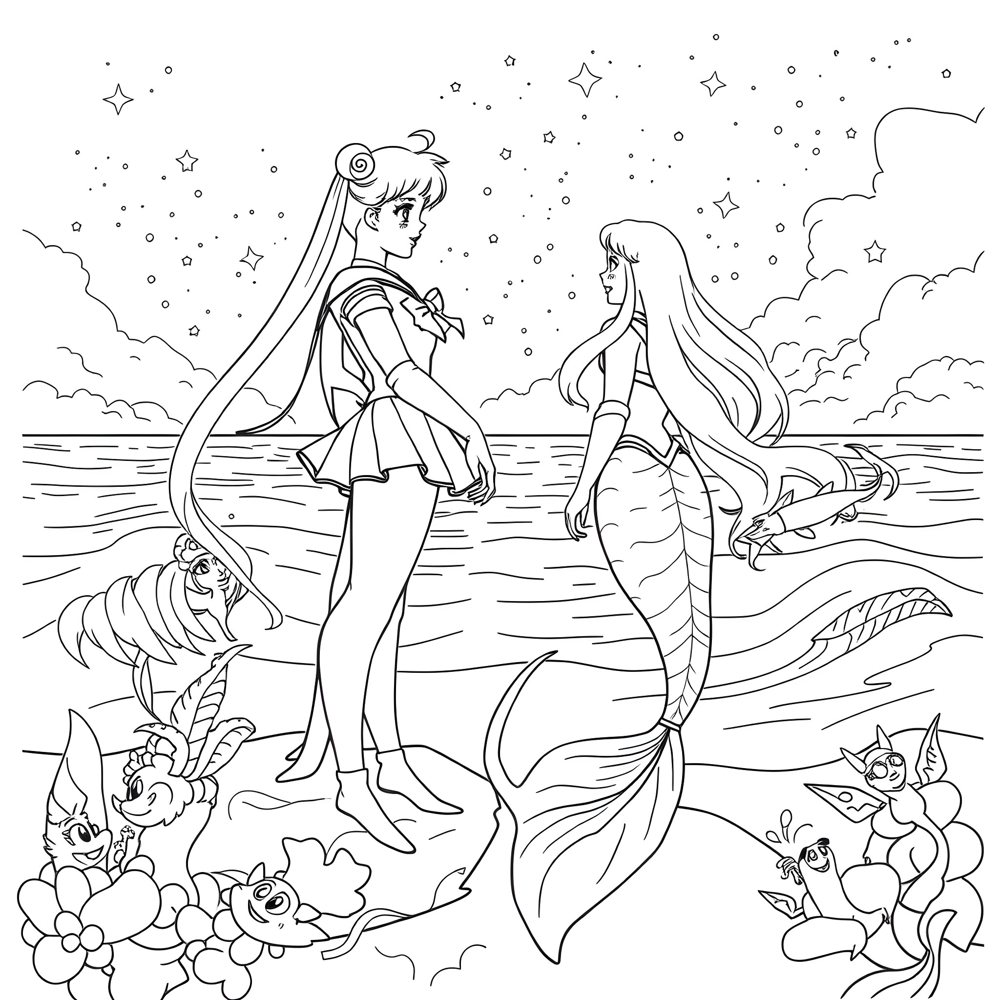Sailor Moon and Mermaid Enjoying Underwater Adventure Coloring Page (free black-and-white line drawing printable PDF for all, from beginners to advanced learners, including children, teens, adults, and seniors)