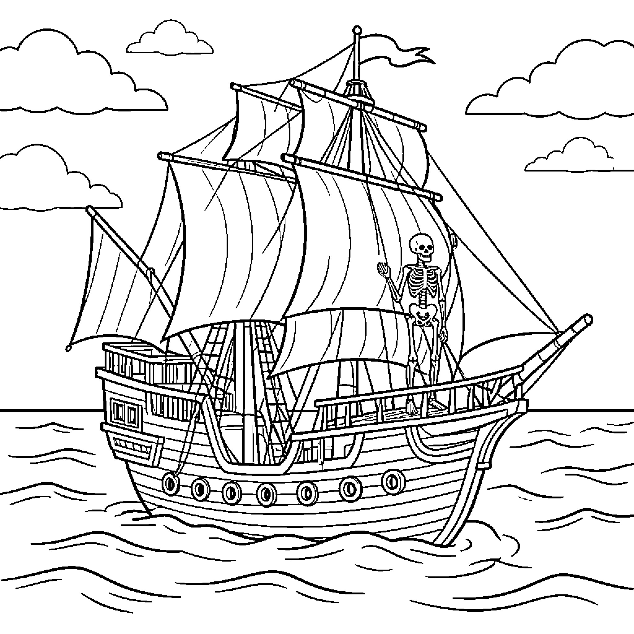 Pirate Ship sailing on the ocean with a skeleton Coloring Page (free black-and-white line drawing printable PDF for all, from beginners to advanced learners, including children, teens, adults, and seniors)