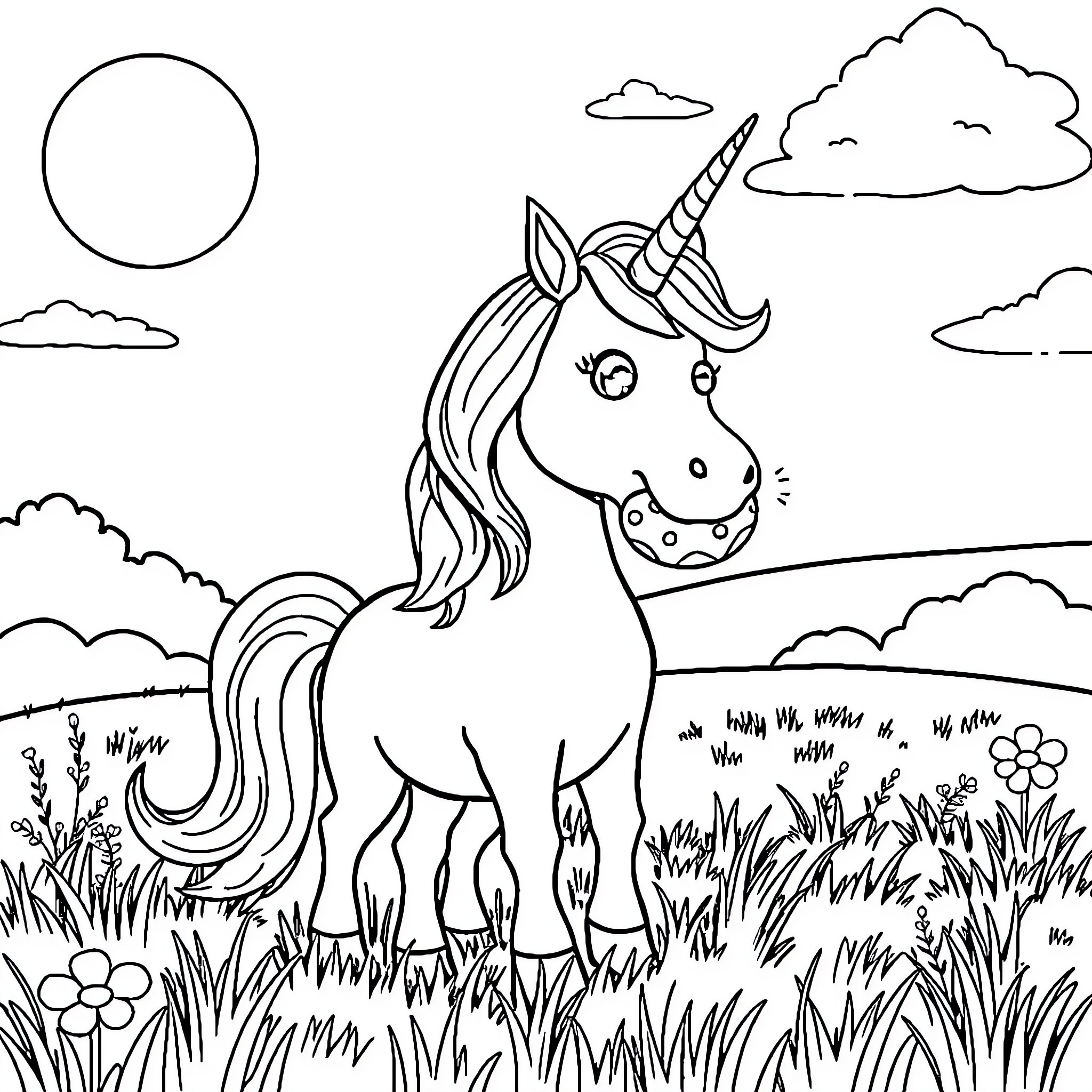 Unicorn enjoying a peaceful day in the meadow Coloring Page (free black-and-white line drawing printable PDF for all, from beginners to advanced learners, including children, teens, adults, and seniors)
