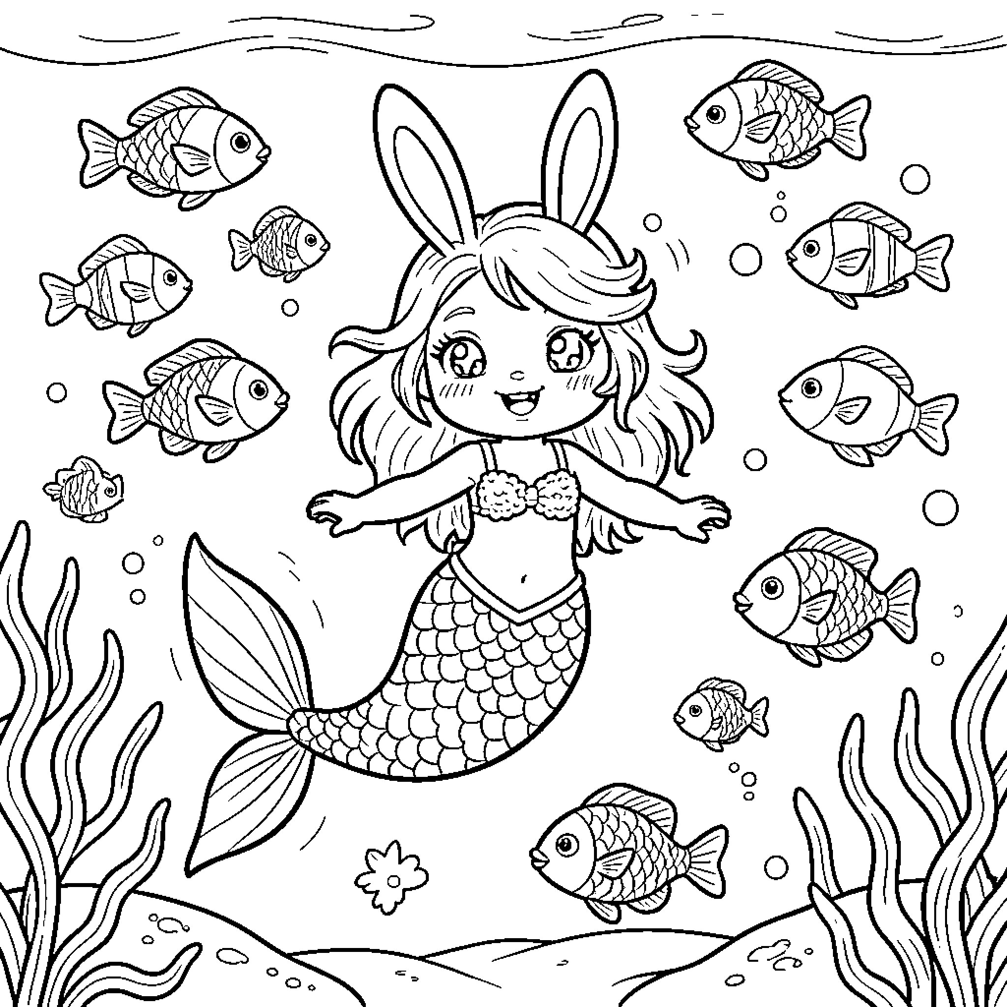 Bunny Mermaid swimming joyfully among many little fish Coloring Page (free black-and-white line drawing printable PDF for all, from beginners to advanced learners, including children, teens, adults, and seniors)