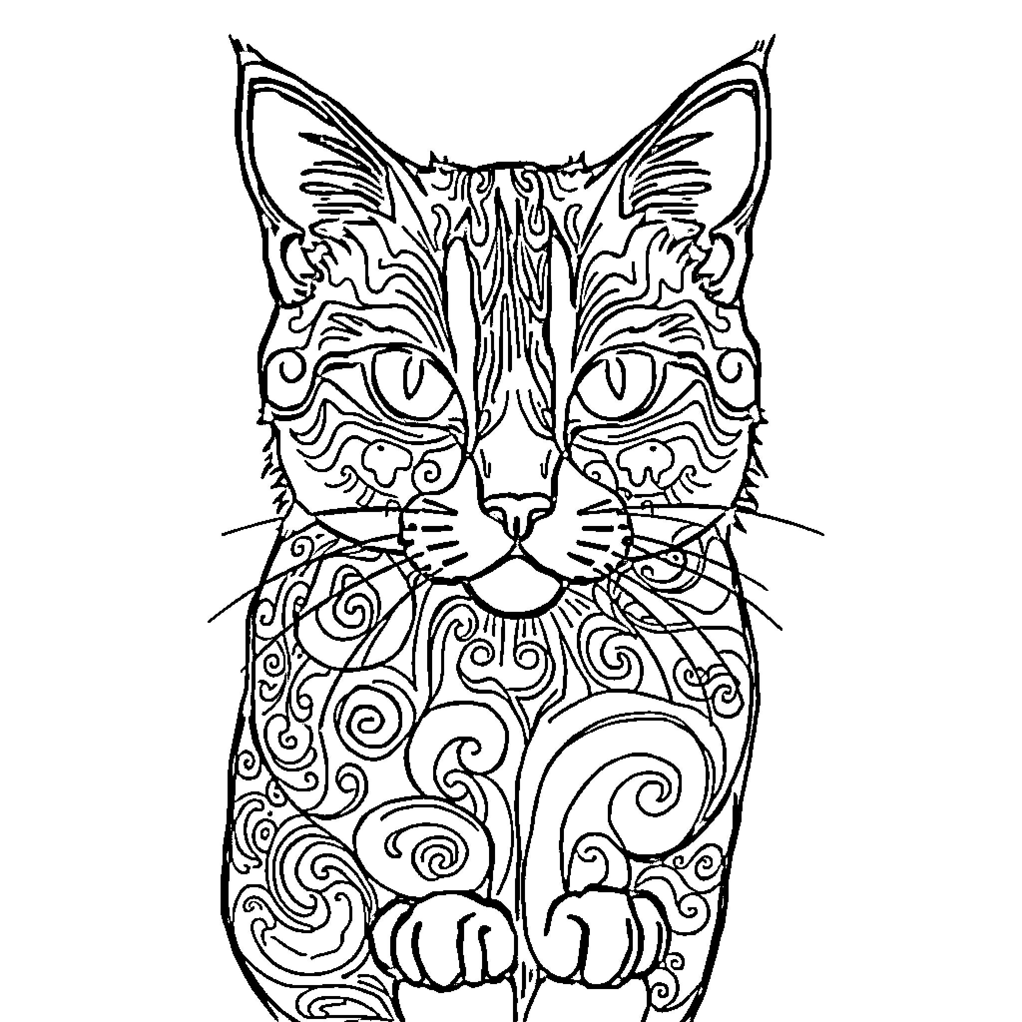Cat with intricate patterns and expressions Coloring Page (free black-and-white line drawing printable PDF for all, from beginners to advanced learners, including children, teens, adults, and seniors)
