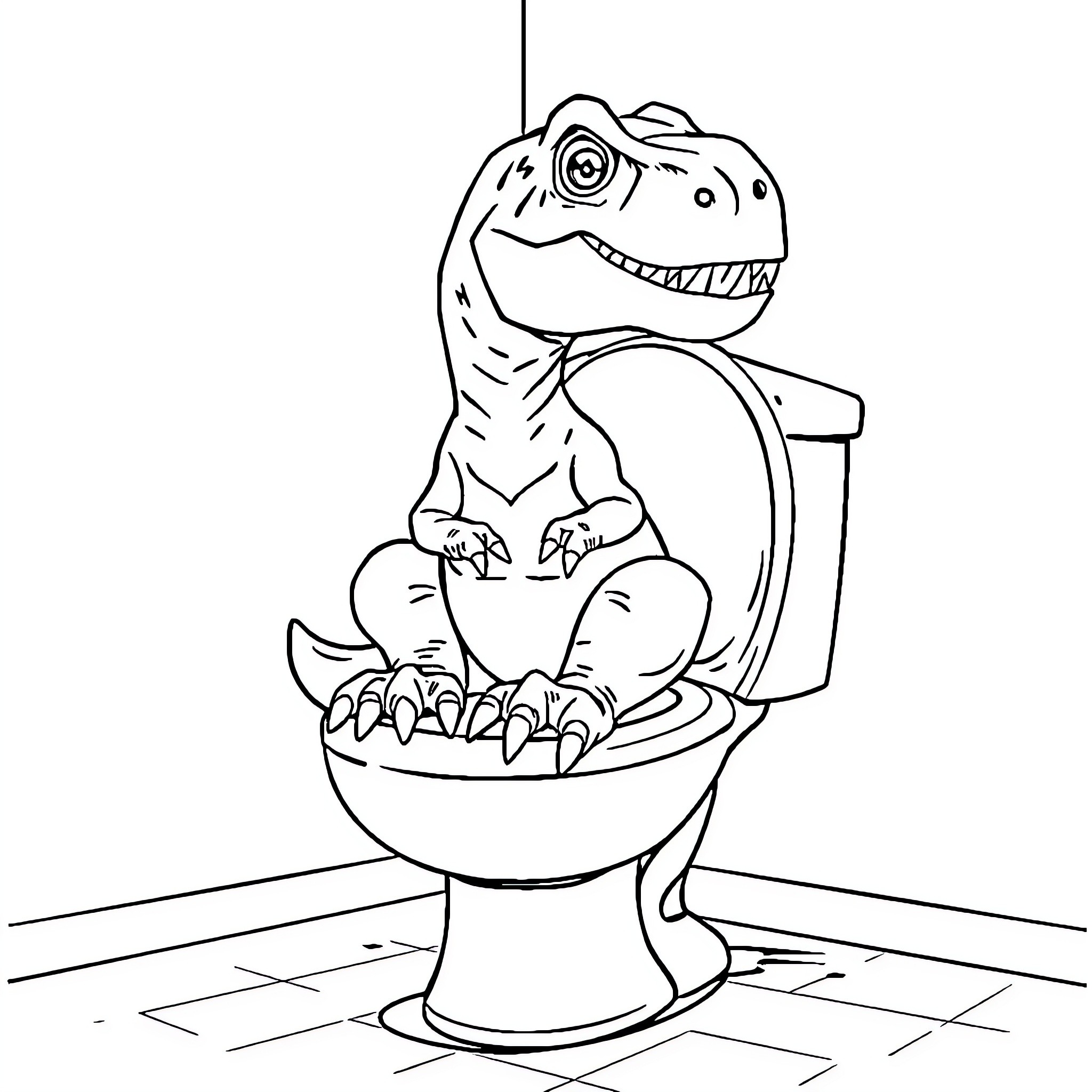 T-Rex sitting on a toilet Coloring Page (free black-and-white line drawing printable PDF for all, from beginners to advanced learners, including children, teens, adults, and seniors)