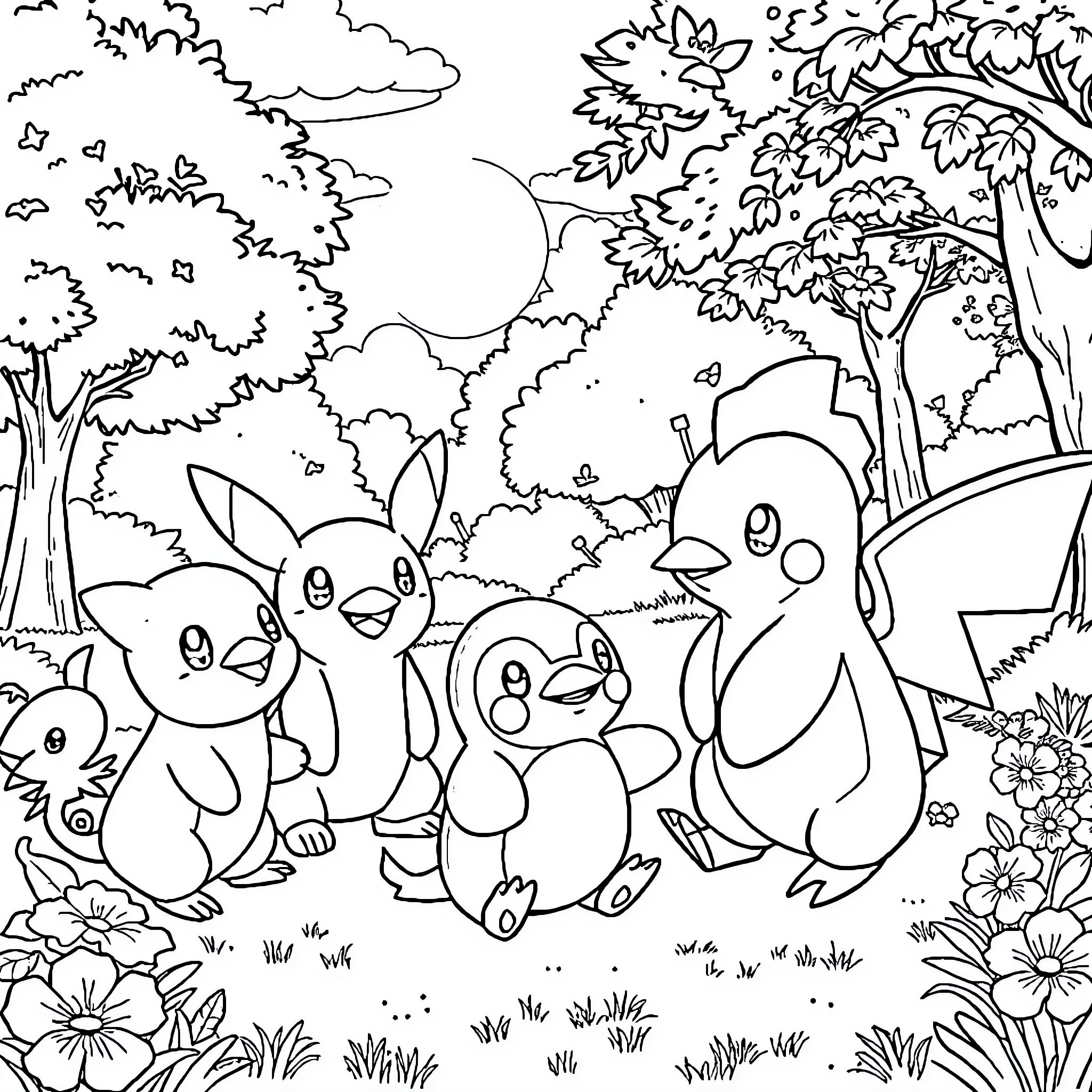 Pokémon characters in a serene forest landscape Coloring Page (free black-and-white line drawing printable PDF for all, from beginners to advanced learners, including children, teens, adults, and seniors)