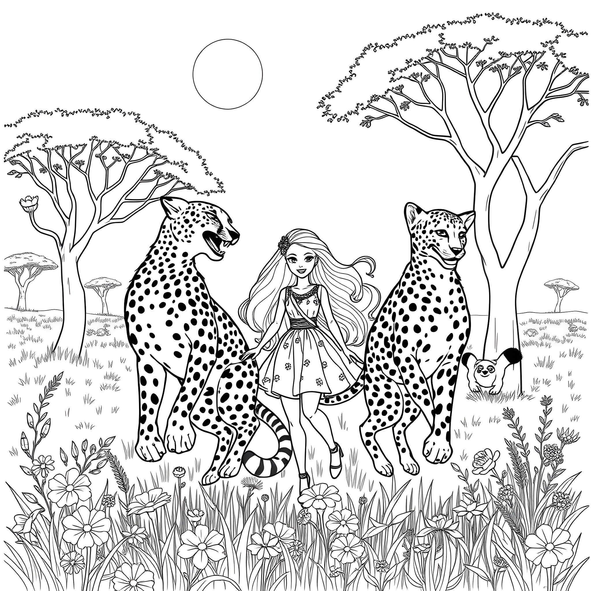 Cheetah companions strolling through the serene wilderness Coloring Page (free black-and-white line drawing printable PDF for all, from beginners to advanced learners, including children, teens, adults, and seniors)