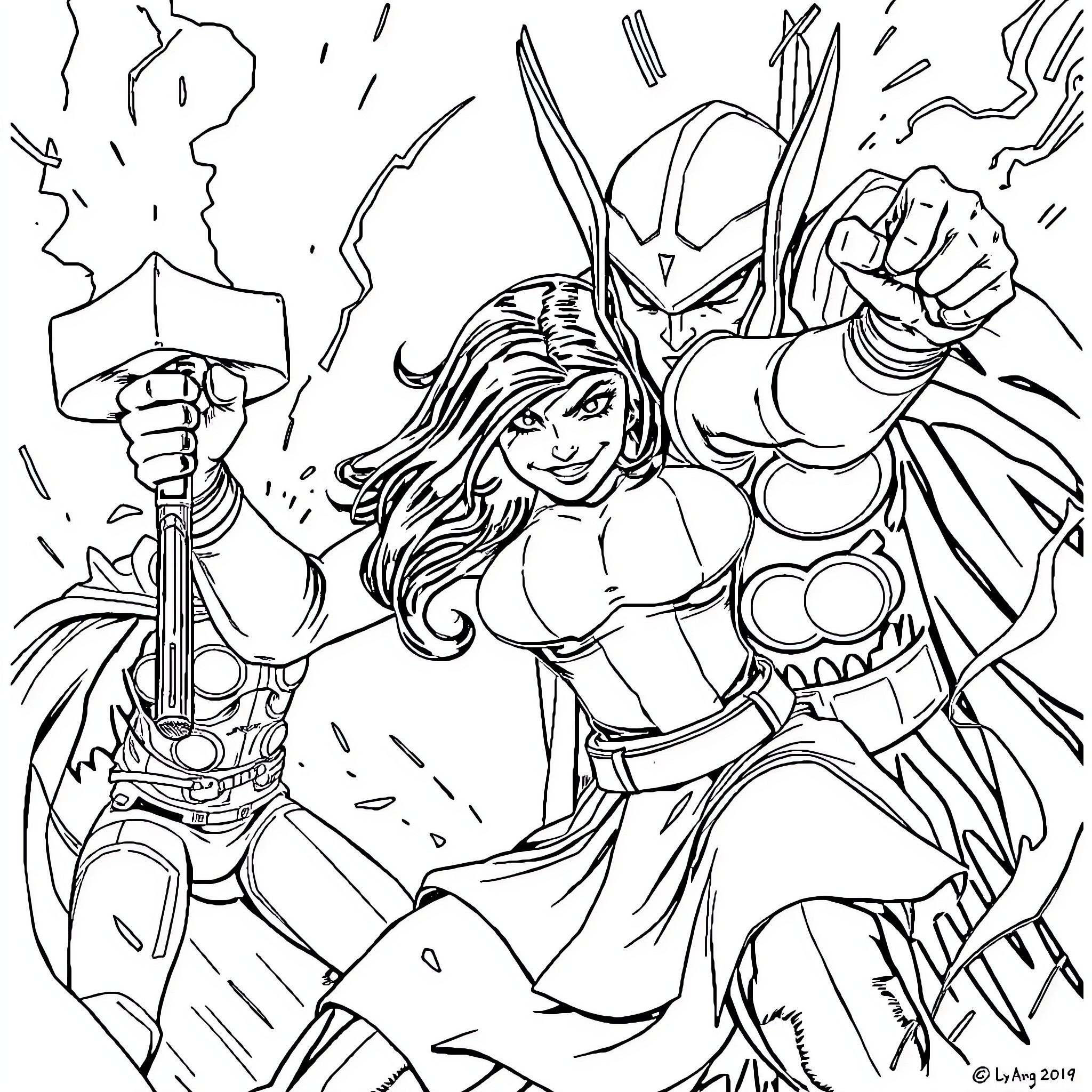Wednesday Adams: Fierce Heroine in Heroic Struggle Coloring Page (free black-and-white line drawing printable PDF for all, from beginners to advanced learners, including children, teens, adults, and seniors)
