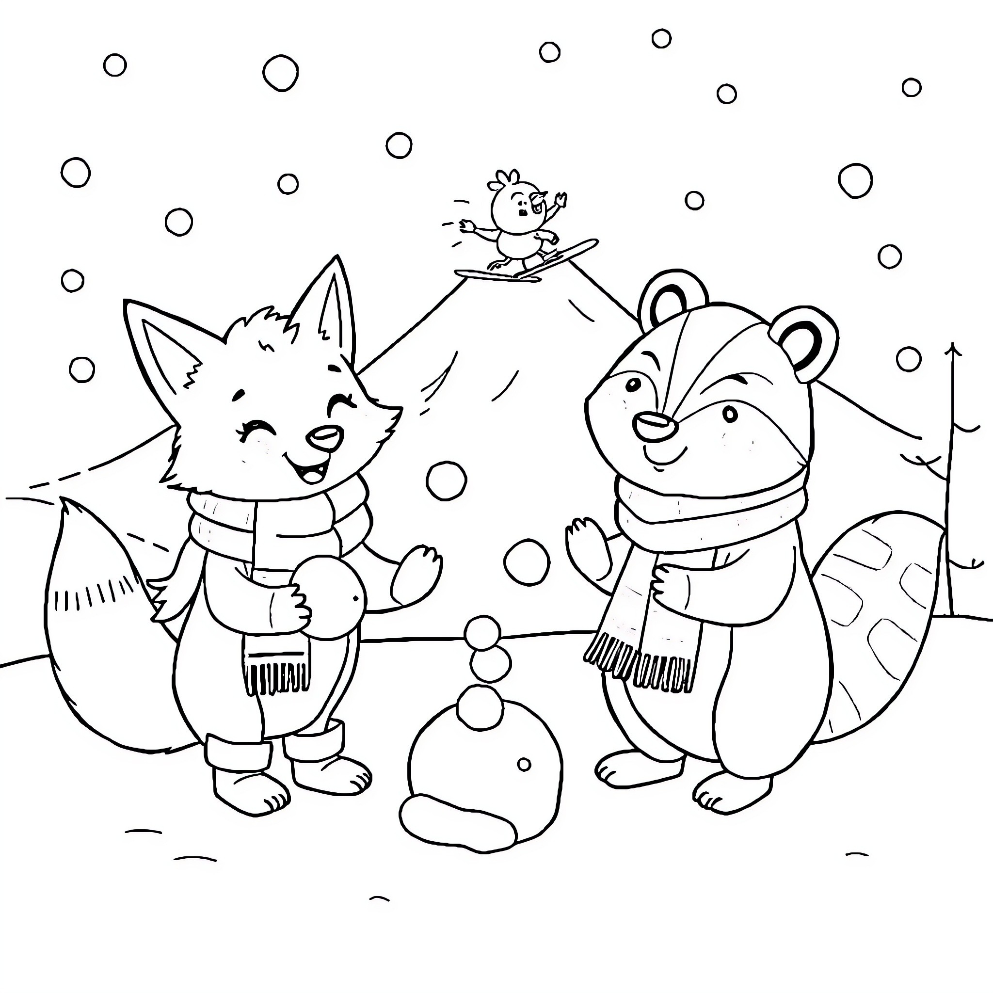 Fox and bear playing in the snow Coloring Page (free black-and-white line drawing printable PDF for all, from beginners to advanced learners, including children, teens, adults, and seniors)